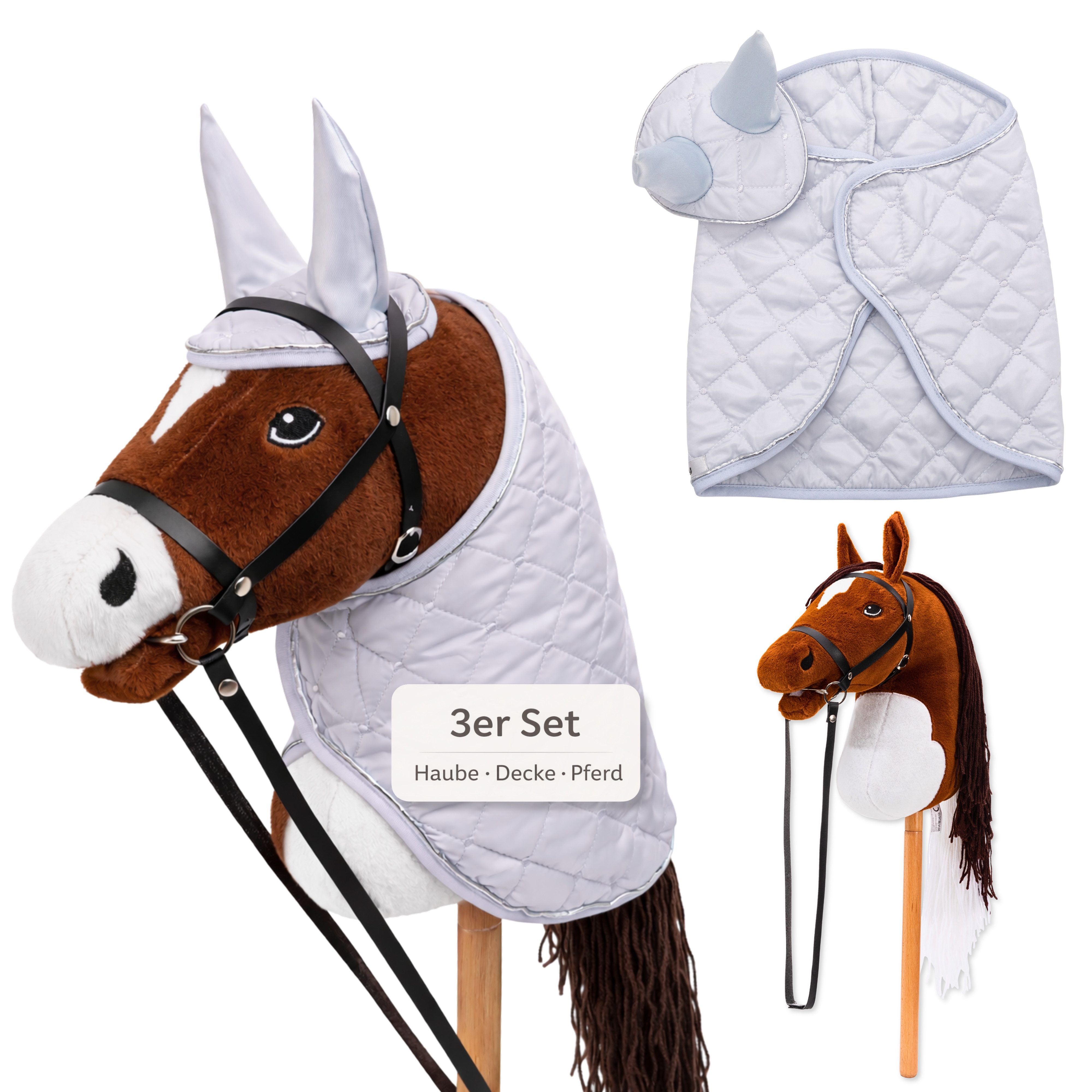 Hoofly Steckenpferd Hoofly® Hobby Horse Pferde Set, (mit Decke, Fliegenhaube, Trense & Schraubstab, Hobby Horsing, Steckenpferd), Abschraubbarer Stab