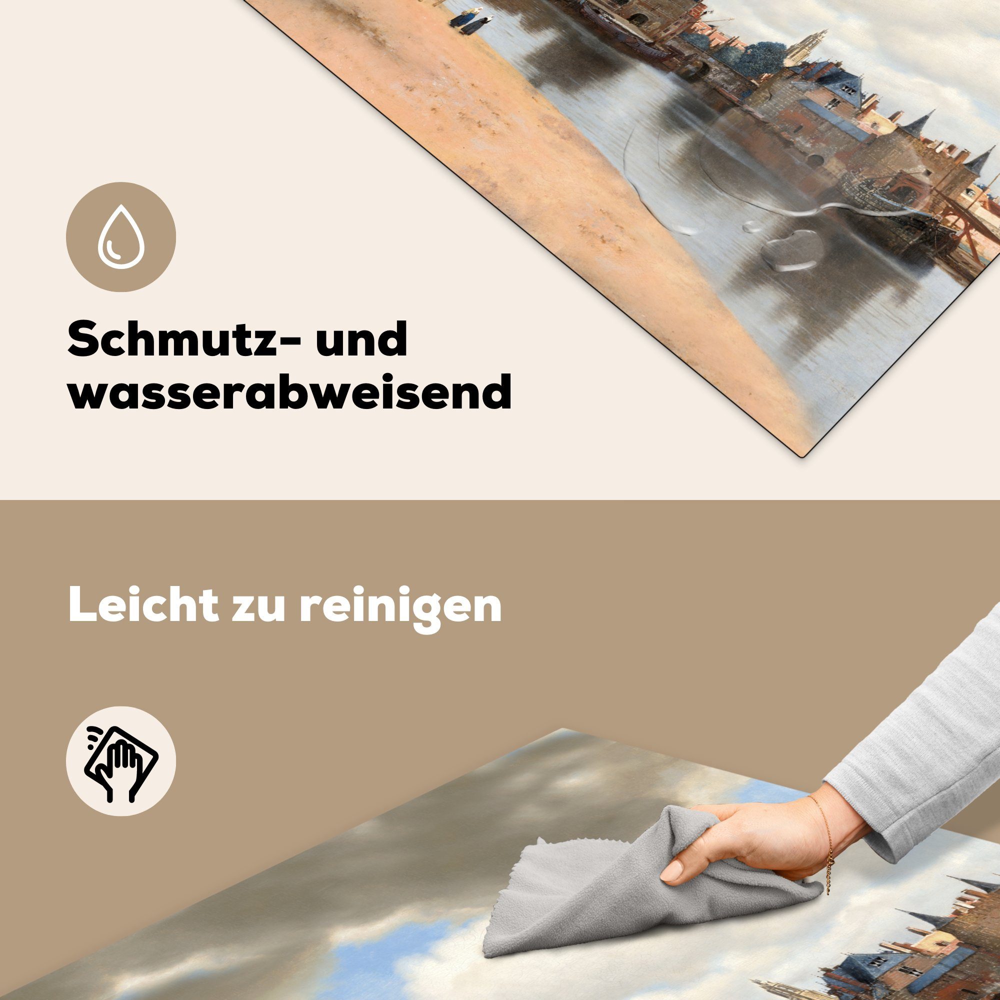 Gemälde für Ansicht von Johannes 78x78 Ceranfeldabdeckung, cm, tlg), Arbeitsplatte Herdblende-/Abdeckplatte MuchoWow küche - (1 Vinyl, Vermeer, Delft von