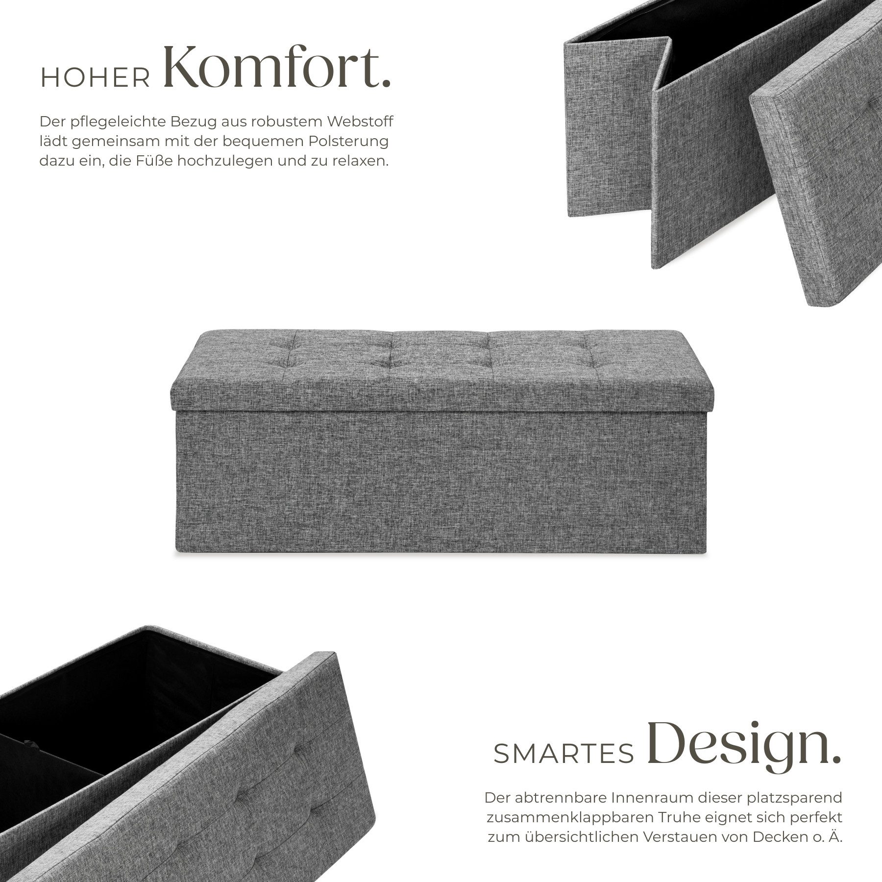 tectake Sitzhocker faltbarer Hocker mit Stauraum, Polyester, 110 x 38 x 38 cm (Sitzwürfel, in hellgrau), gepolstert, Belastbarkeit 300 kg
