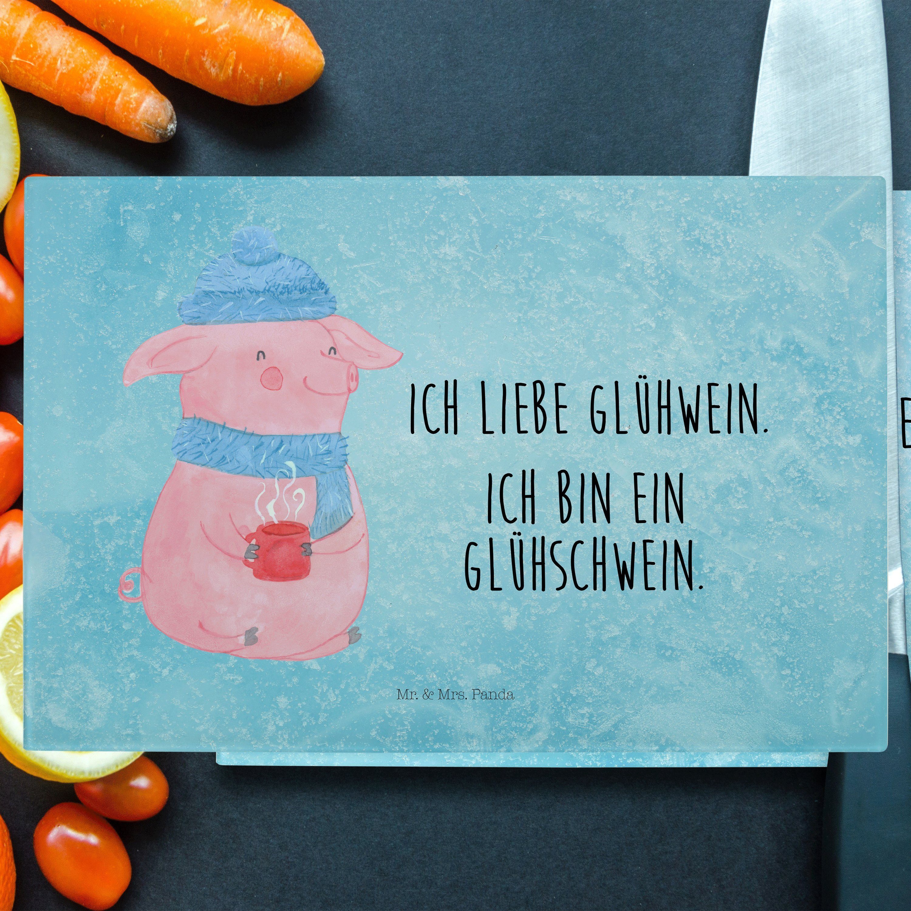 Mr. & Mrs. Panda Servierbrett Glühschwein - Eisblau - Geschenk, Schneidebrett, Winter, Heiligabend, Premium Glas, (1-St)