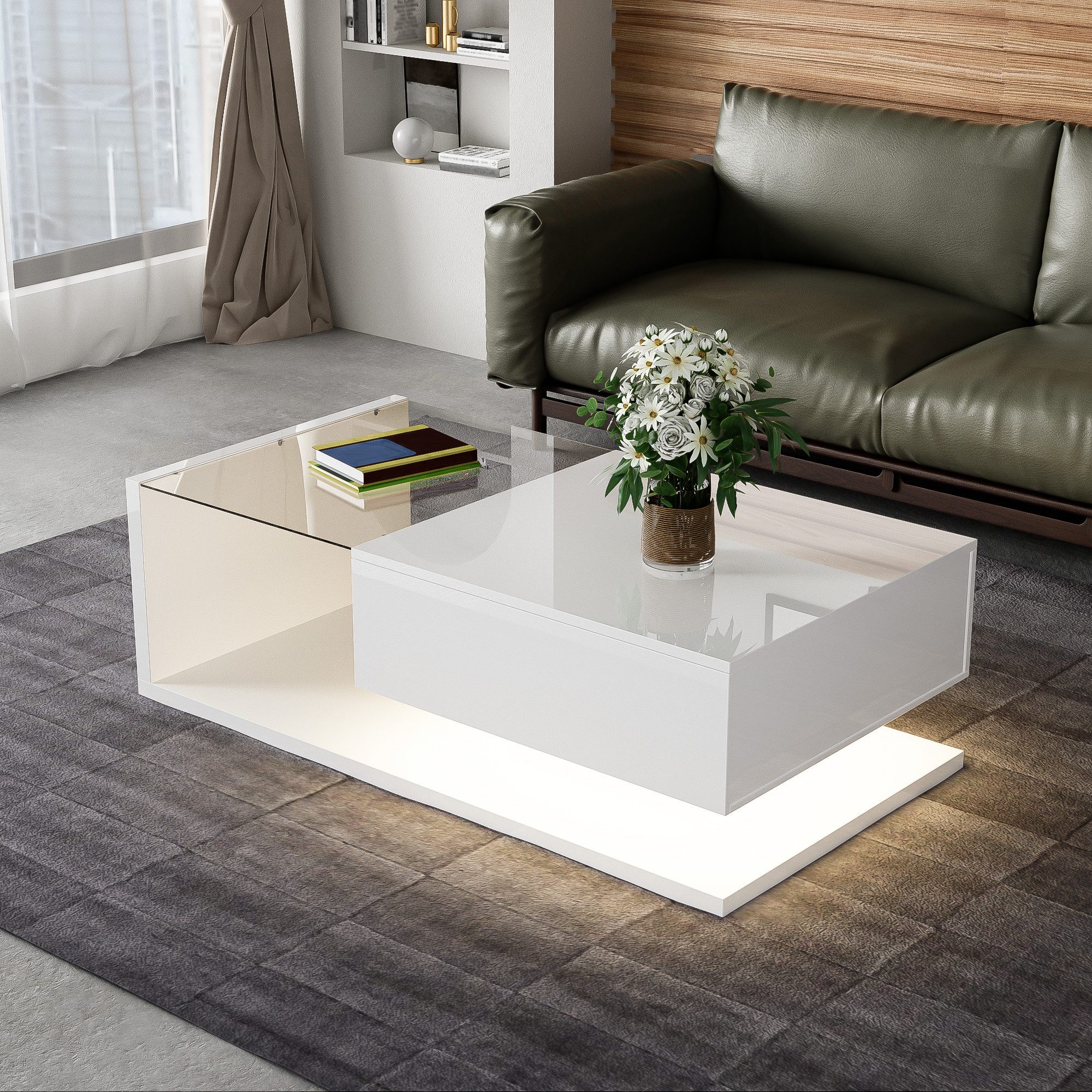 Furnishings Home Couchtisch Couchtische mit Glas und LED-Effekt Weiß schwarz weiß und Holzfar (1-St), Gilt für Speichern Zeitschriften Büchern oder Fernbedienungen