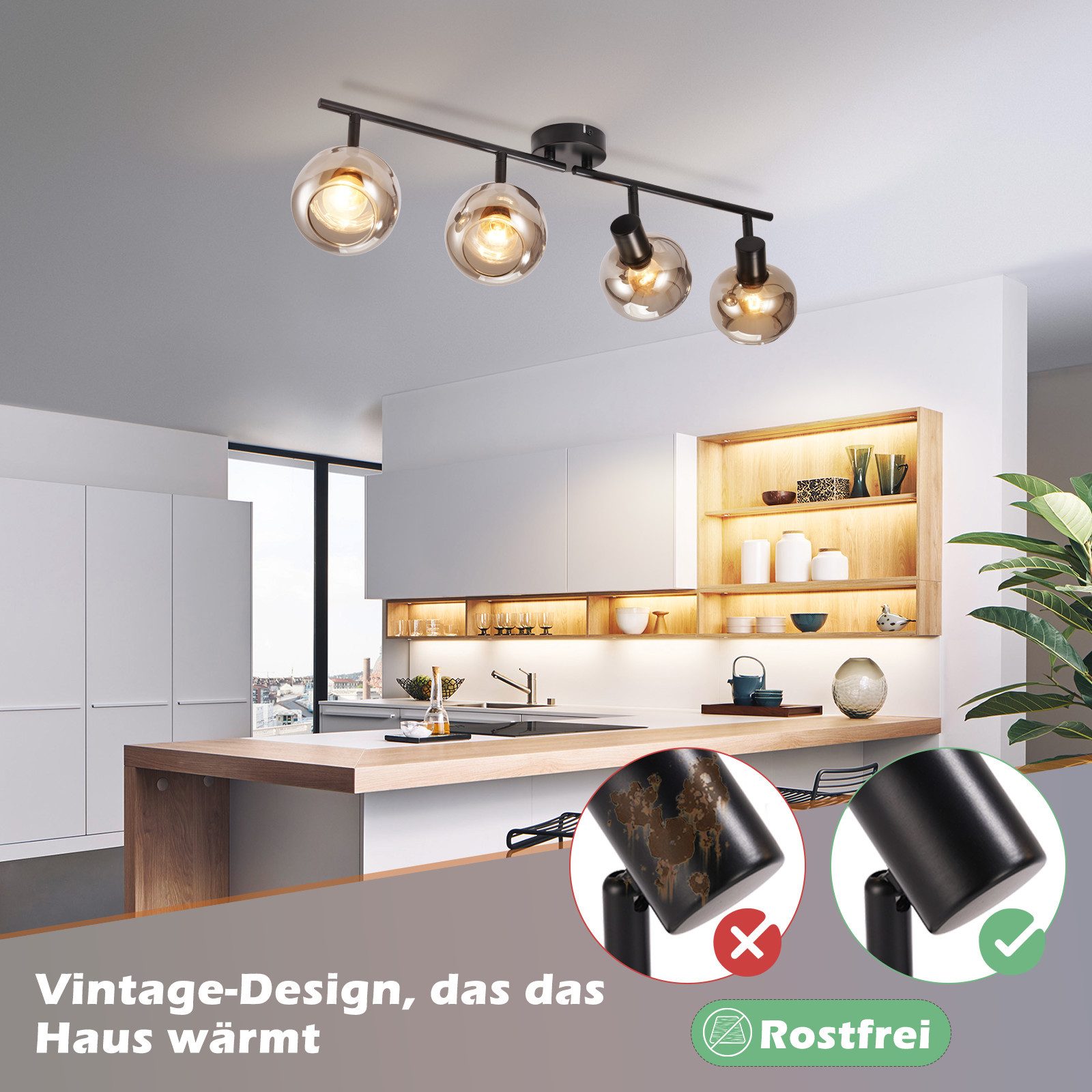 ZMH Deckenleuchte Wohnzimmer 350° Drehbar Rauchgrau Glas Retro Flurlampe fü günstig online kaufen