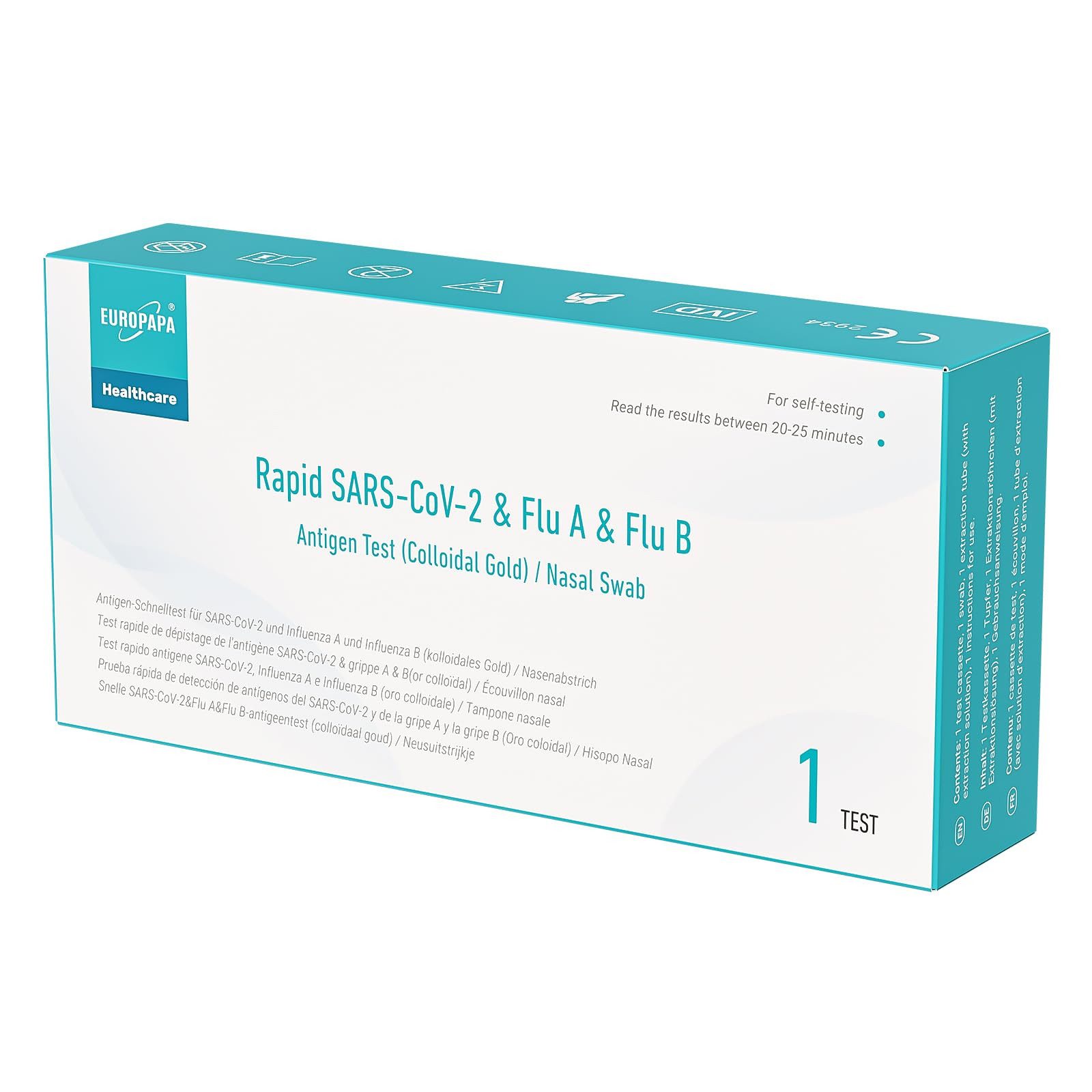 EUROPAPA Influenza-Schnelltest Corona + Influenza A/B 3in1 Schnelltest, 1-tlg., Zuhause, Einzelverpackt, Schnelles Ergebnis, einfache Handhabung, hohe Genauigkeit