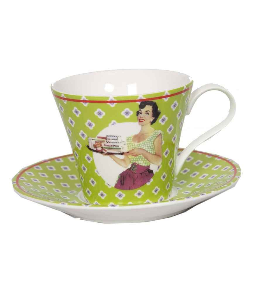 AnticLine Tasse Antic Line Vintage Tasse mit Unterteller Grün 180ml SEB12875, Keramik