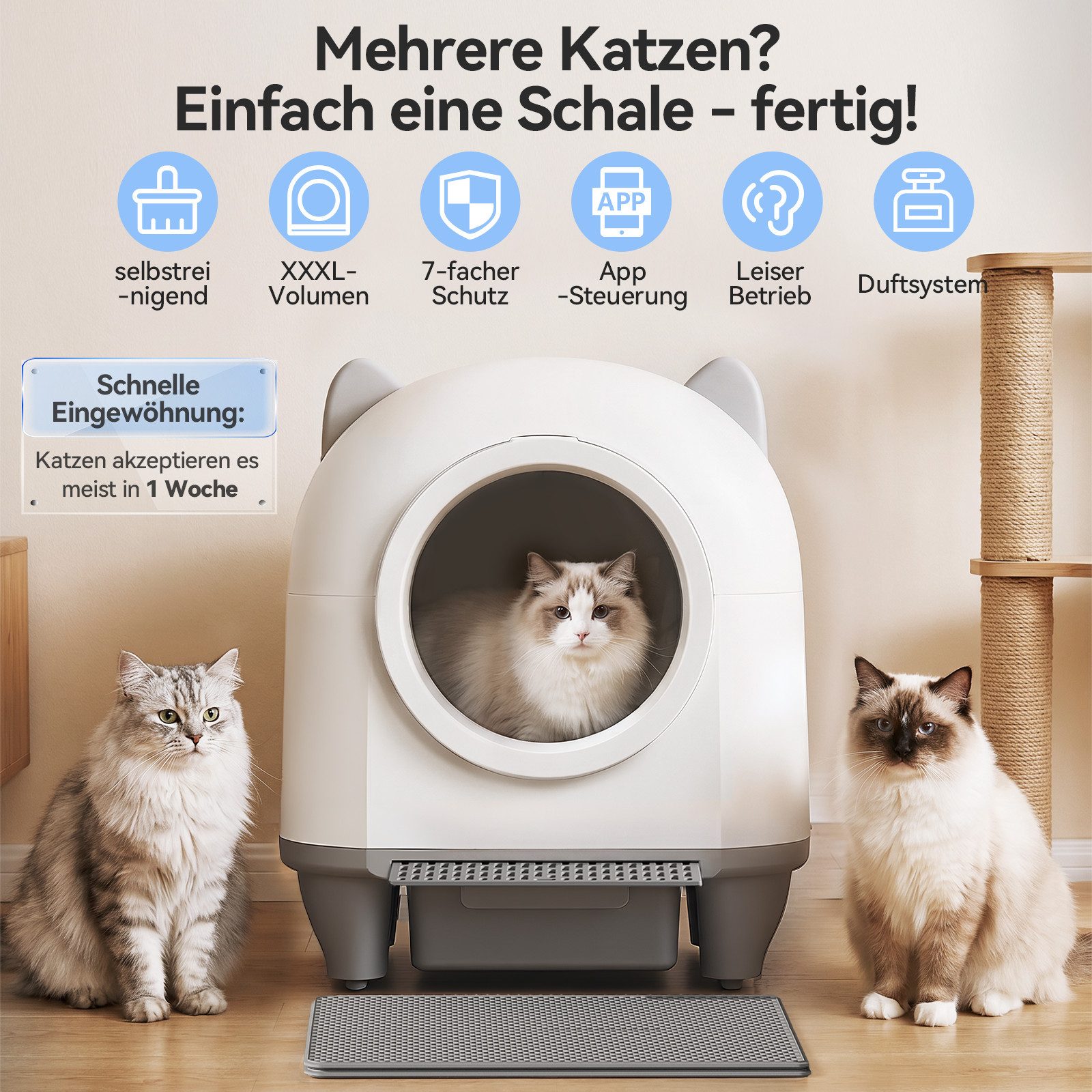 HOMALL Katzentoilette XXXL katzenklo selbstreinigend für grossen katzen,Sicherheitsschutz x7, mit Aromabox, Matte, leiser Betrieb & Nachtmodus – für Mehrkatzen
