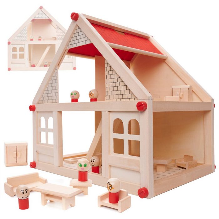 Ikonka Lernspielzeug Puppenhaus aus Holz + Möbel und Personen 40cm