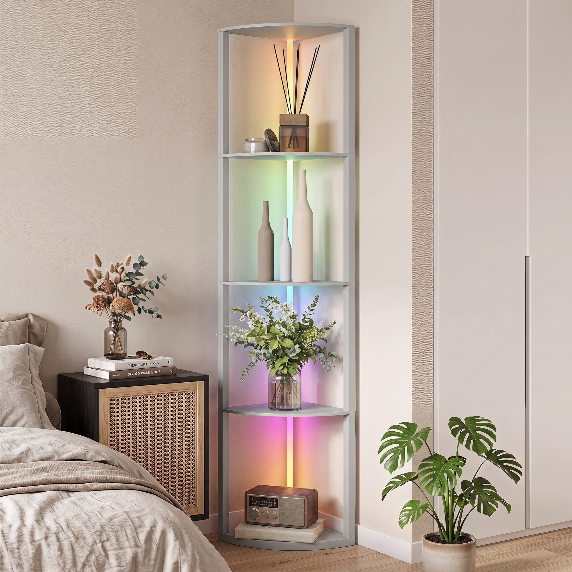 HOMCOM Stehlampe mit Regal, RGB Farbwechsel, Fernbedienung, RGB-Beleuchtung, Fernbedienung, LED, RGB, für Wohnzimmer Schlafzimmer