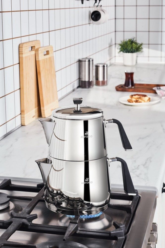 Karaca Teekanne Karaca Fiona Edelstahl Türkische Teekanne Induktiongeeignet Caydanlik, 3 l, (2-St)