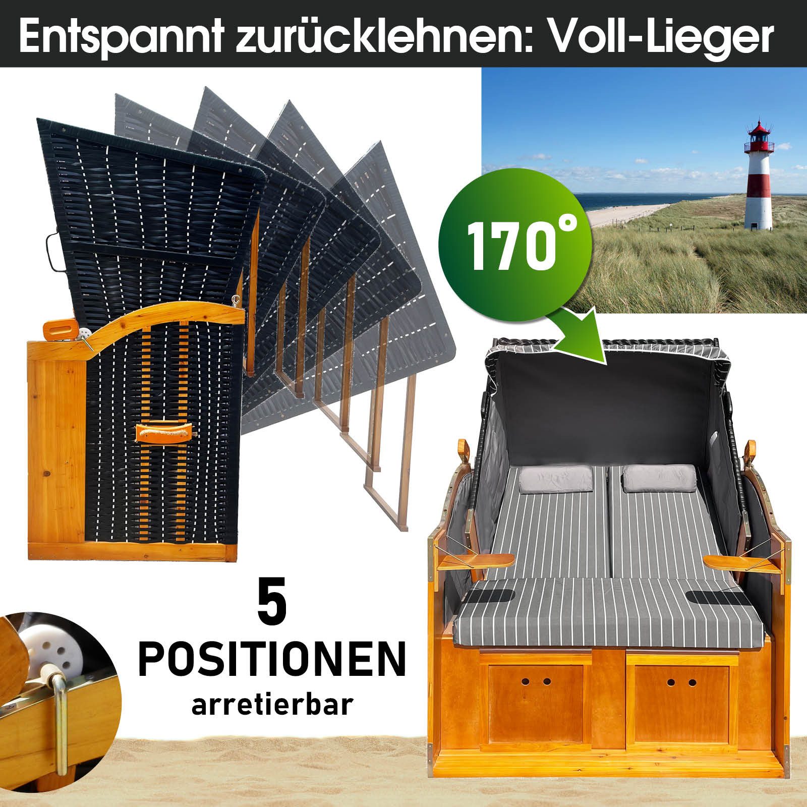 BRAST Strandkorb für 2 Personen, 120cm breit, 5 Designs, BxTxH: 120x79x150 cm, Volllieger, Rügen Deluxe, (verstellbare Rückenlehne weiches Fußkissen), inkl. wet – Bild 4 von 5