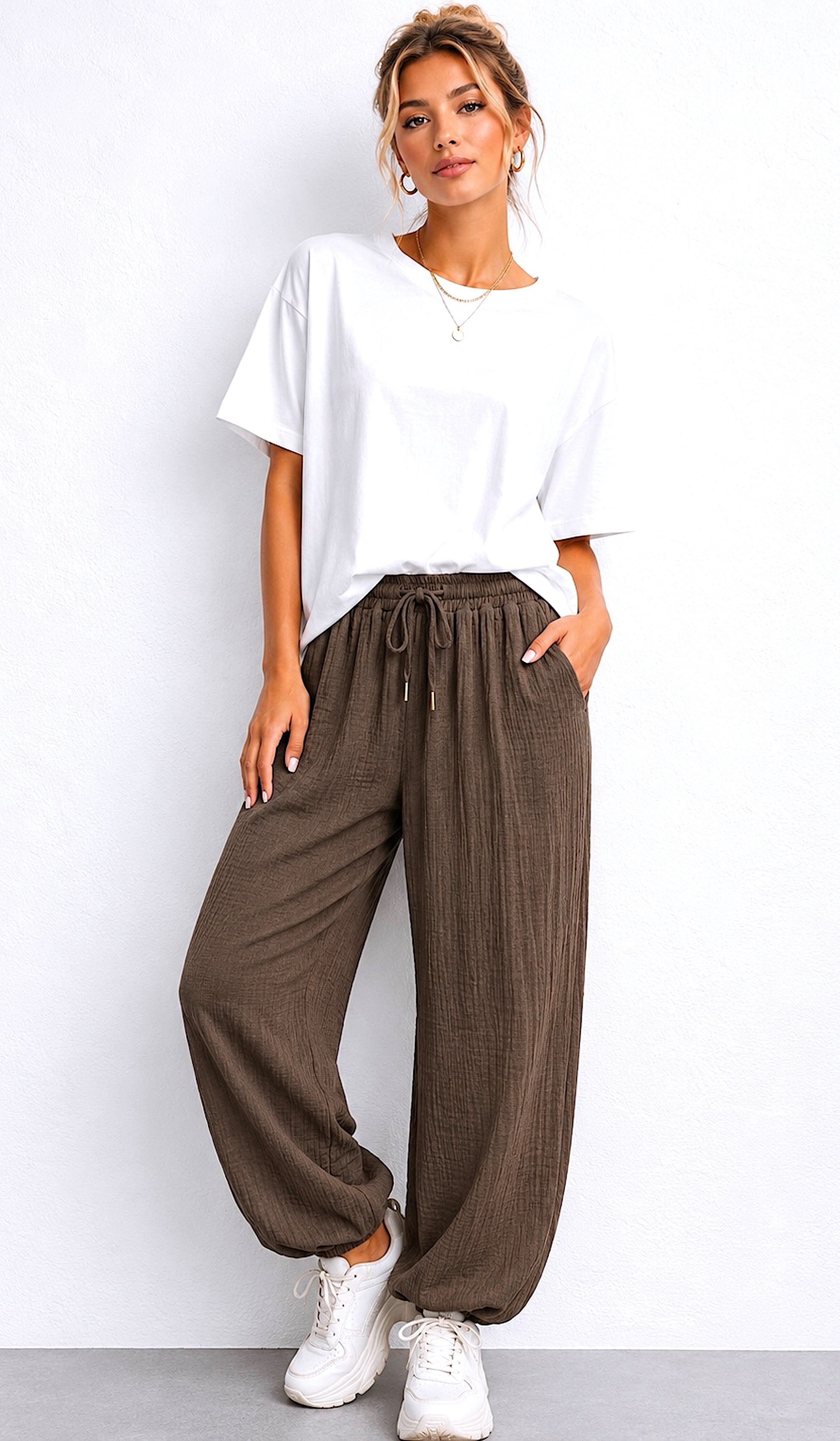 Worldclassca Stoffhose Worldclassca Musselin Stoff Hose Freizeit Sommer Leichte Haremhose Neue Kollektion - Stilvolle und gemütliche Sommer Mode für Damen