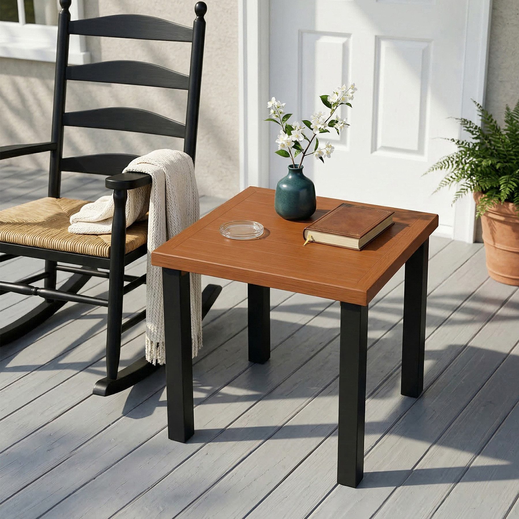 Tribesigns Beistelltisch Balkontisch, Outdoor Gartentisch mit Tischplatte in Holzoptik
