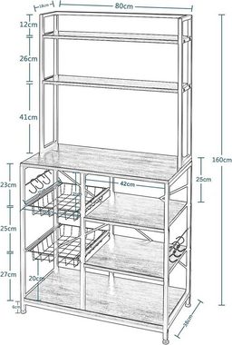 EUGAD Küchenregal, mit Drahtkorb 6 Haken, aus MDF und Metall, Dunkelbraun