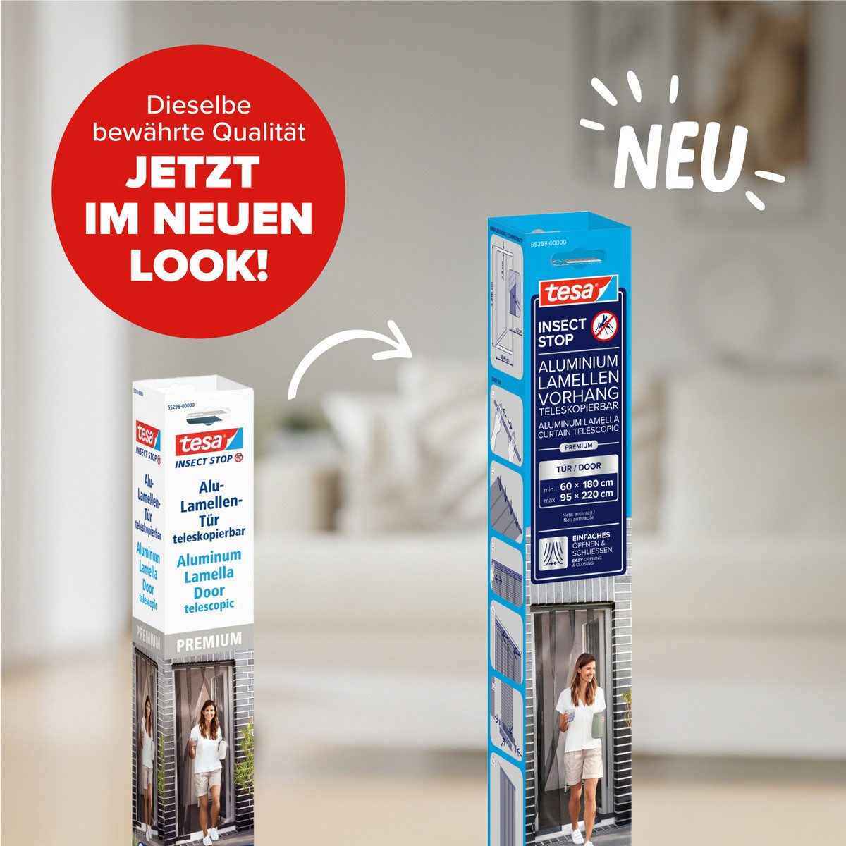 tesa Insektenschutz-Tür Aluminium Lamellen Vorhang Premium - einfache Montage ohne Bohren, (Packung, 1-St., Alu Lamellentür teleskopierbar, selbstklebendes Premium-Klettband), INSECT STOP Insektenvorhang 95 x 220 cm