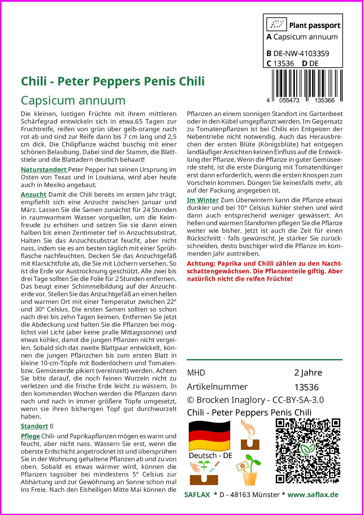 SAFLAX Gemüsesamen SAFLAX - Samen und Substrat - Chili - Peter Peppers Penis Chili