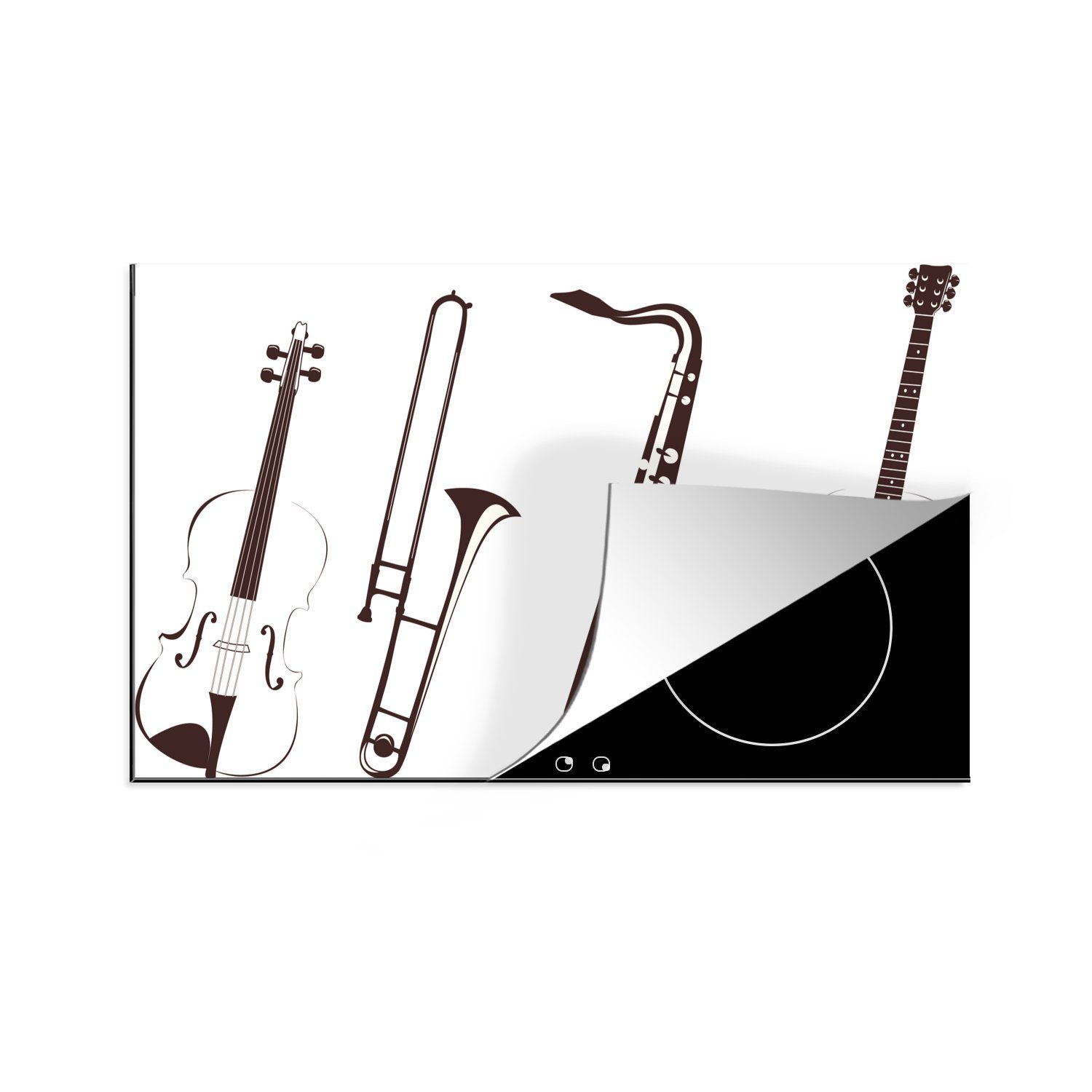 MuchoWow Herdblende-/Abdeckplatte Eine Illustration einer Geige und anderer Instrumente, Vinyl, (1 tlg), 83x51 cm, Ceranfeldabdeckung, Arbeitsplatte für küche