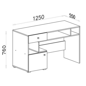 Lomadox Schreibtisch SEATTLE-133, Jugendschreibtisch in Betonoptik, weiß und Eiche