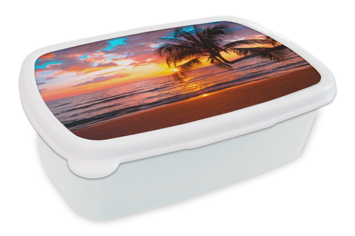 MuchoWow Lunchbox Palme - Sonnenuntergang - Strand - Meer - Horizont, Kunststoff, (2-tlg), Brotbox für Kinder und Erwachsene, Brotdose, für Jungs und Mädchen weiß