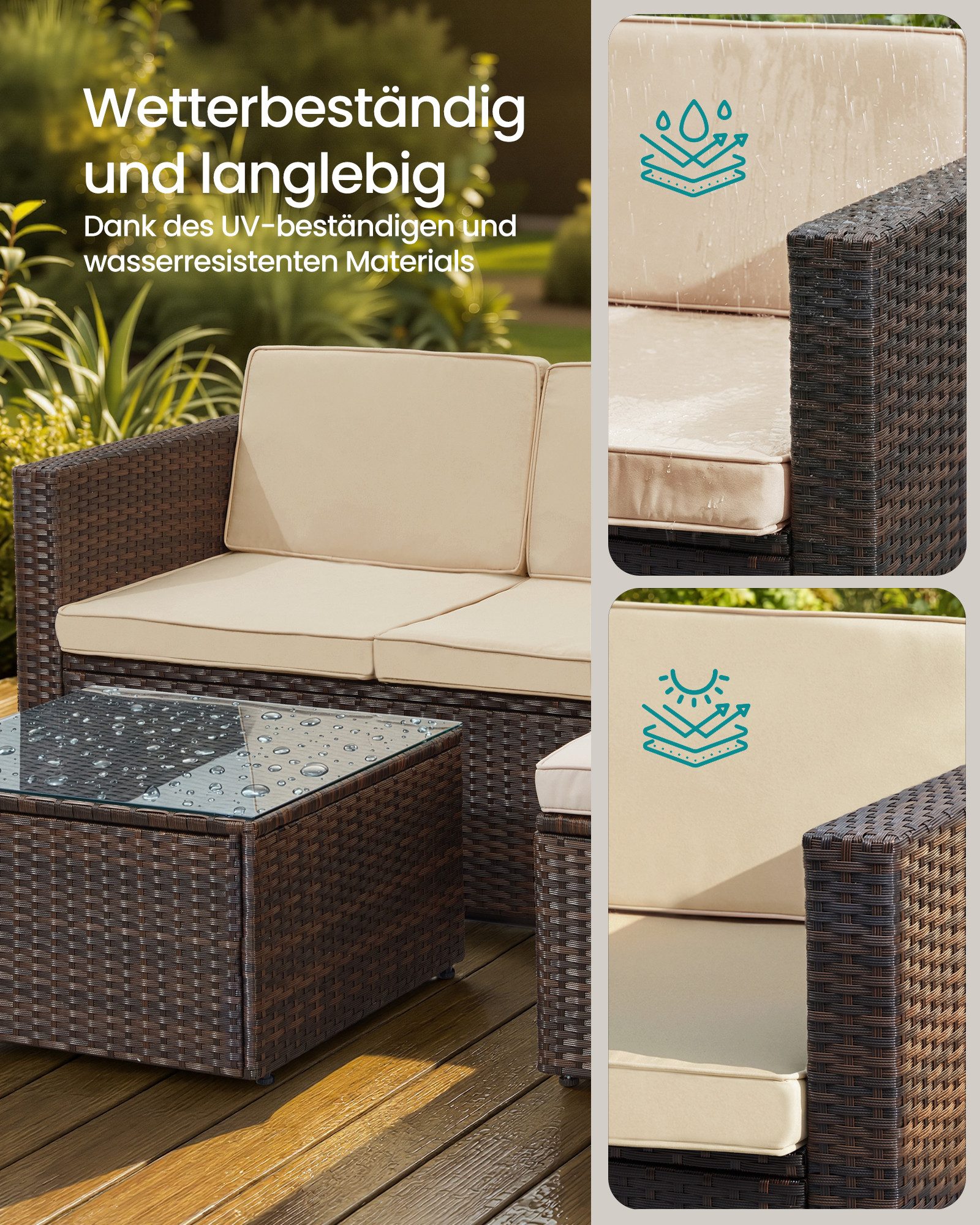 SONGMICS Gartenlounge-Set, (5-tlg., 1 Ecksofa, 1 Hocker, 1 Couchtisch, 7 Kissen), Gartenmöbel Set, Balkonmöbel, handgeflochtenes Rattan