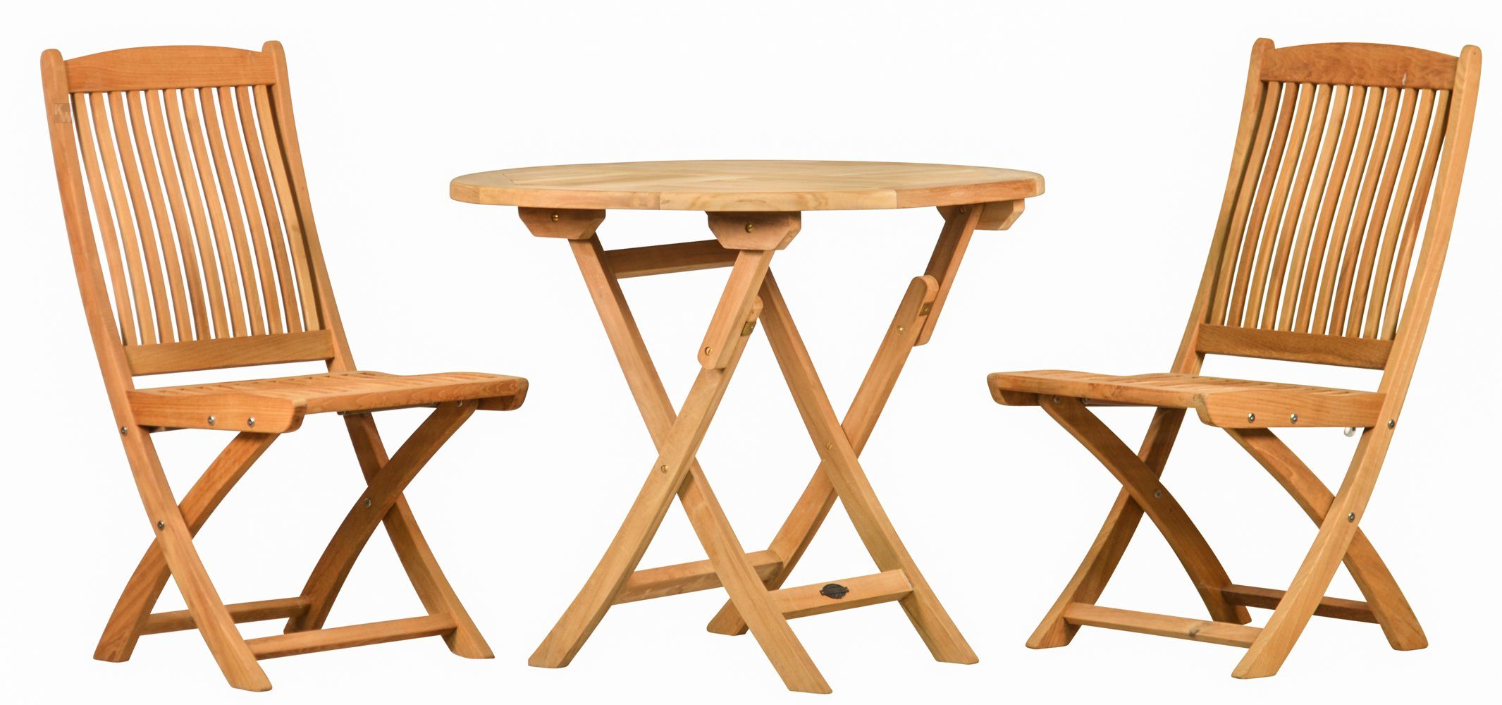 Kai Wiechmann Balkonset Exklusive Teak Sitzgruppe aus 4 Klappstühlen und 1 Klapptisch 90 cm, (3-tlg., 2 Klappstühle, 1 Esstisch), edles Set aus Teak-Gartenmöbeln mit Klappfunktion