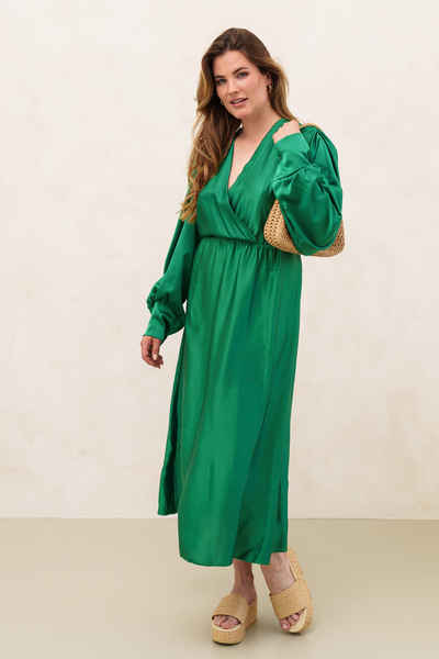 Lelü Fashion Satinkleid Maxikleid Satin grün mit Gummibund unter der Brust
