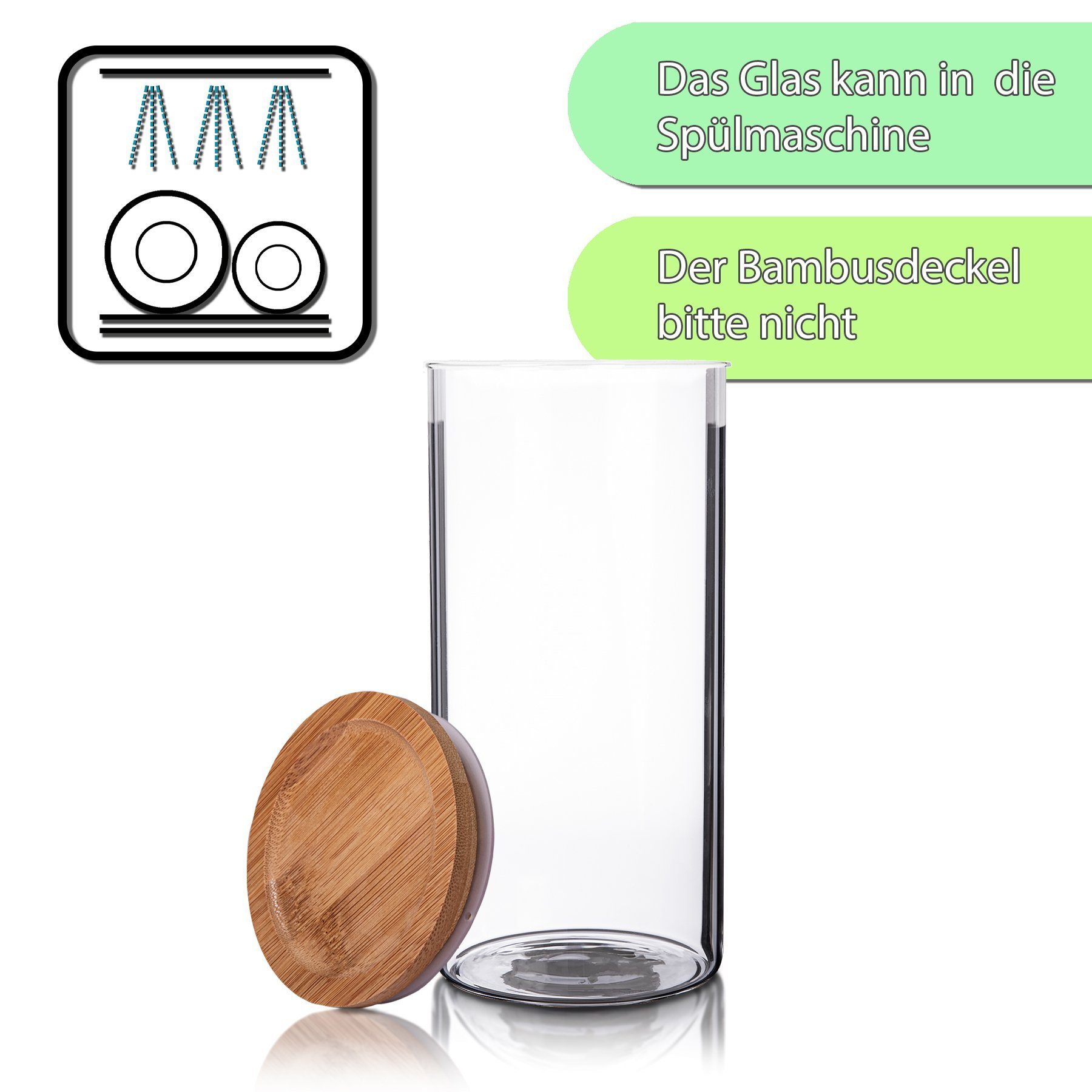 1,5L (1-tlg) Vorratsgläser Mehl, BigDean Vorratsglas 10x22,5cm Bambus, Vorratsdose Glas. Bambus-Deckel Nudeln