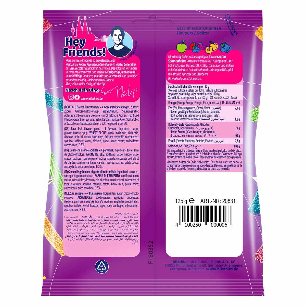 hitschies Süßigkeit, Hitschies Spinnenbeine vegetarische saure Fruchtgummi Sticks 125g