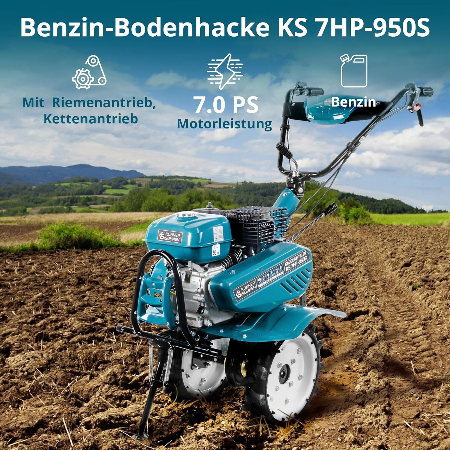 Könner & Söhnen Benzinmotorhacke KS 7HP-950S, geschmiedete Säbelfräsen, 2 Vorwärtsgänge, Rückwärtsgang, 108 cm Arbeitsbreite, ≤ 31 cm Arbeitstiefe,7.0 PS Kultivator, Benzin-Bodenhacke