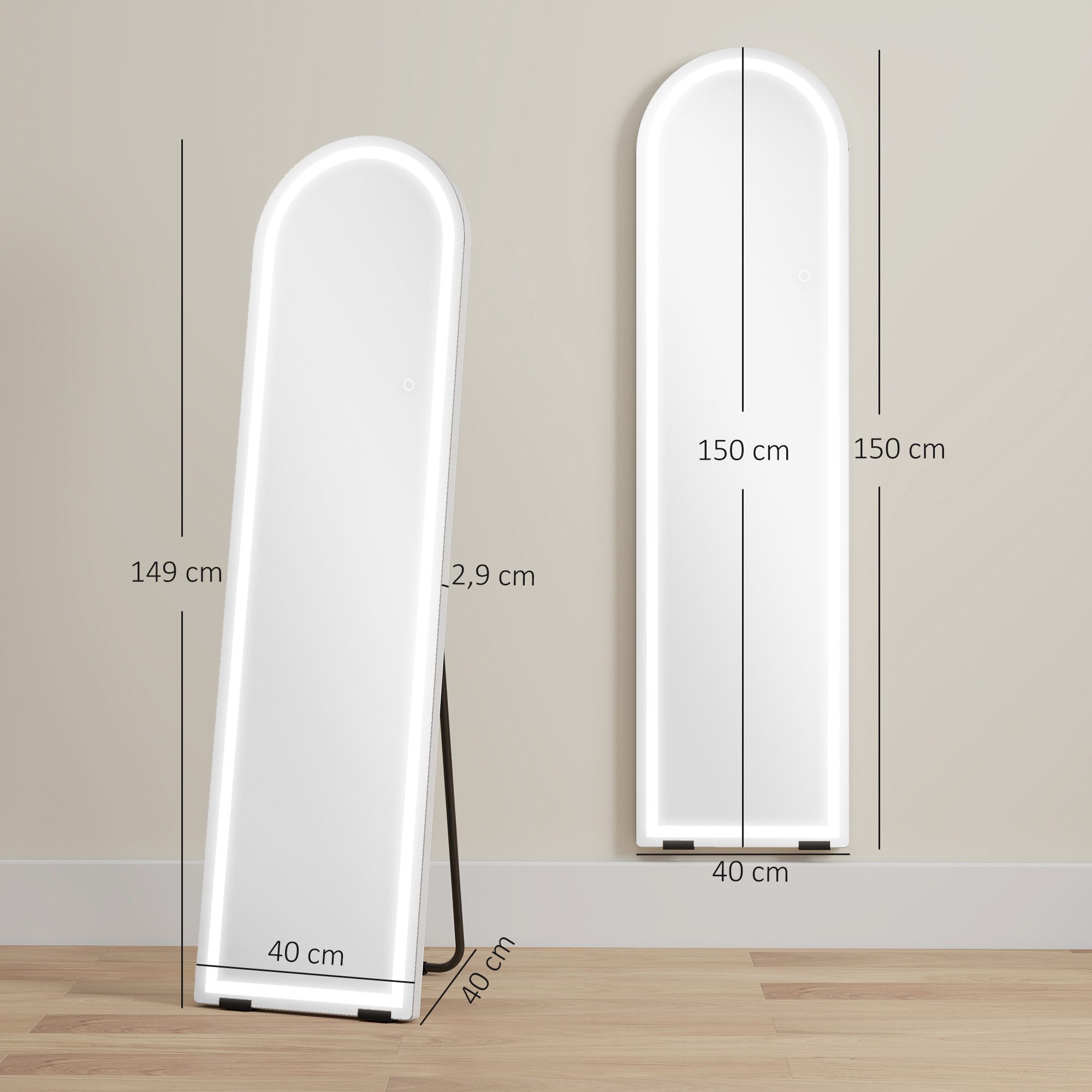 HOMCOM Standspiegel Ganzkörperspiegel, dimmbar LED, 3 Lichtfarben, Bodenspiegel (Stehspiegel, 1-St., Wandspiegel), für Wohnzimmer, Schlafzimmer, Weiß