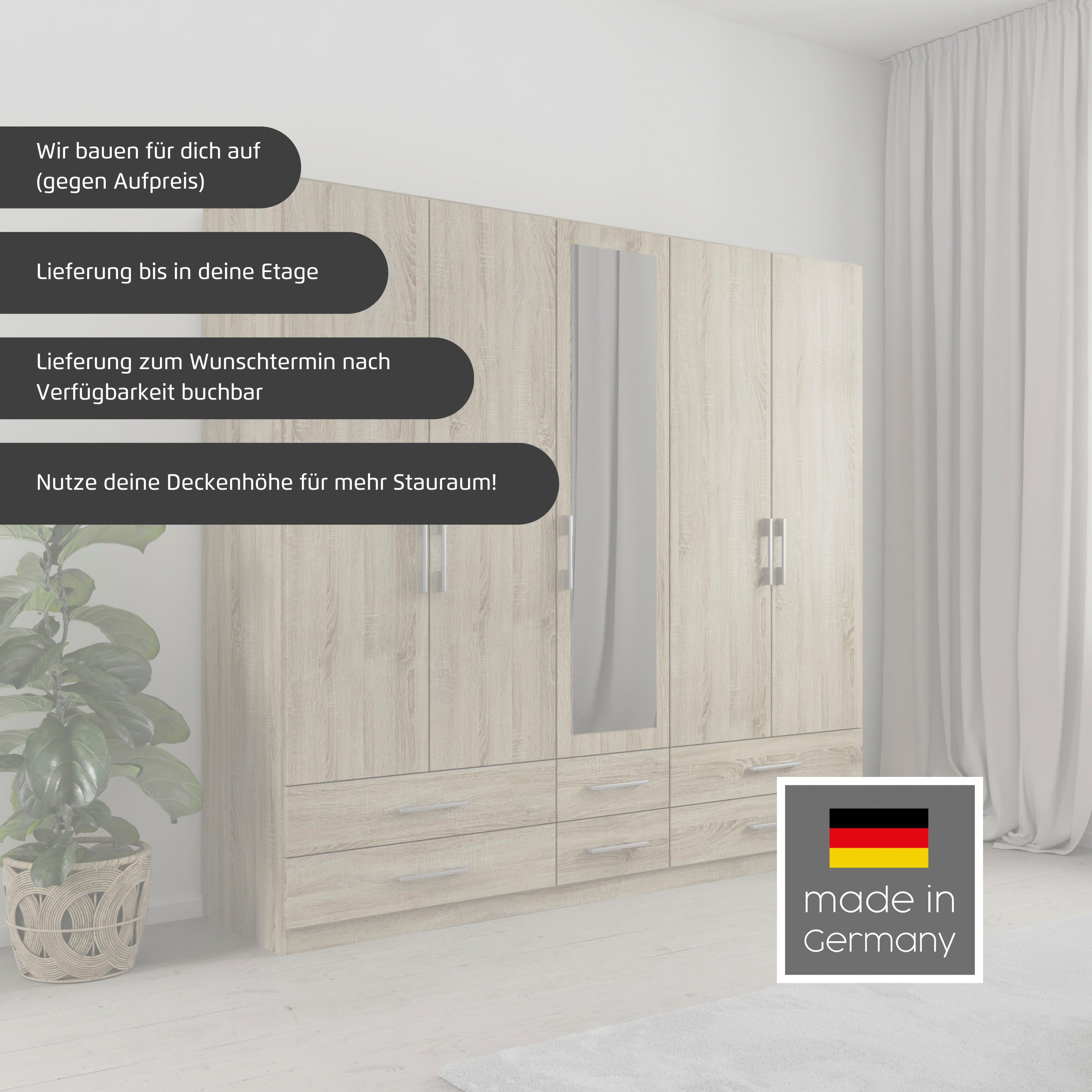 rauch Kleiderschrank Schrank Garderobe Wäscheschrank HERSBRUCK in 2 Breiten (Breiten: 226 oder 271 cm, Höhe 210 cm) mit 6 großzügigen Schubladen sowie Spiegeltüren MADE IN GERMANY