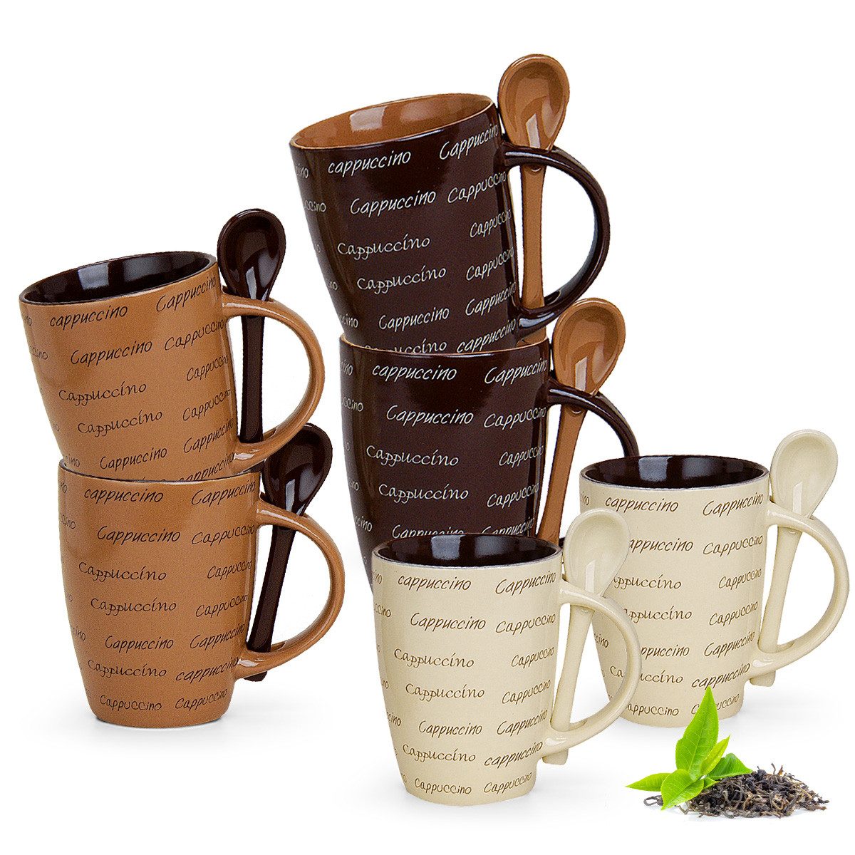 matches21 HOME & HOBBY Tasse Kaffeetassen Löffel 6er Set mit Spruch Cappuccino, Keramik, Tee Kaffee-Becher, modern, cremefarben braun, 250 ml