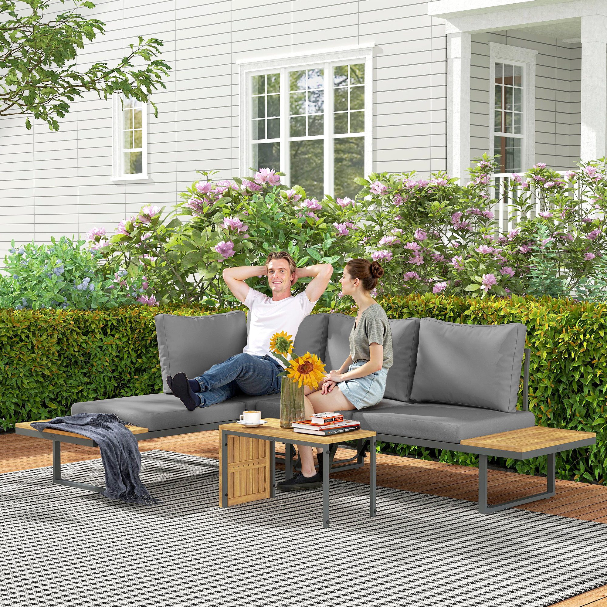 Outsunny Garten-Essgruppe mit Eckbank, verstellbar Rückenlehne, Beistelltisch, Kissen, (L-Förmig Gartenlounge aus Akazienholz, 3-tlg., Gartenmöbel Set für 6 Personen), für Garten, Terrasse, Balkon, Hellgrau