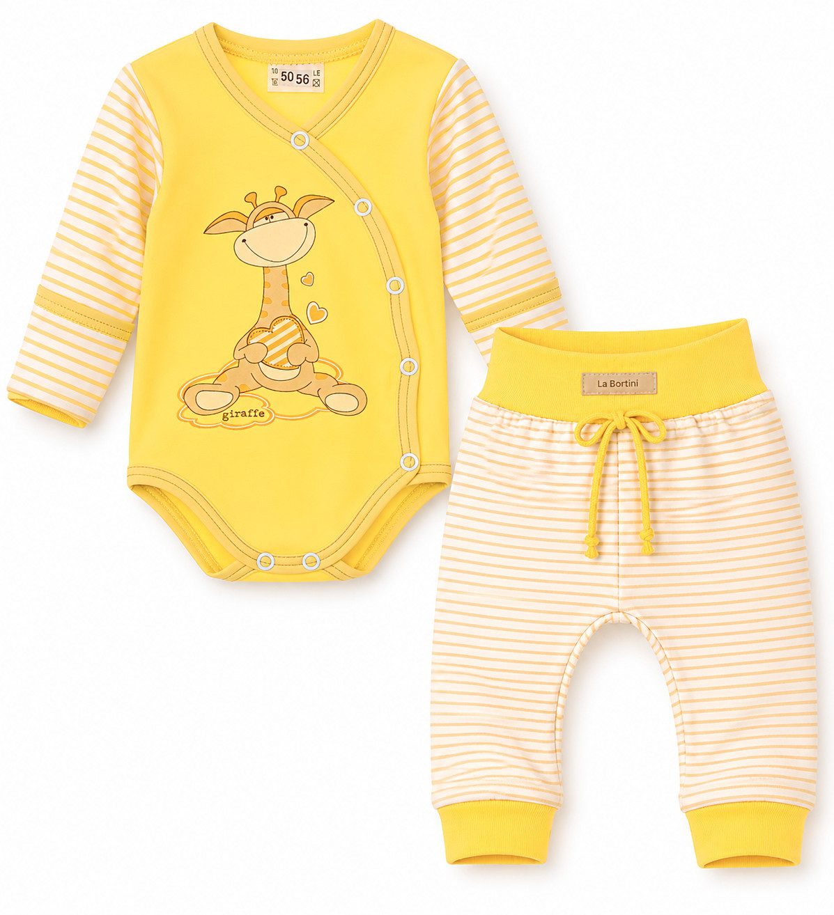 La Bortini Body & Hose Baby Anzug in Gelb Wickelbody mit Kratzschutz Mitwachshose (Erstlingsset unisex 2-teilig) in Gelb, 44 50 56 62 68 74 80 86