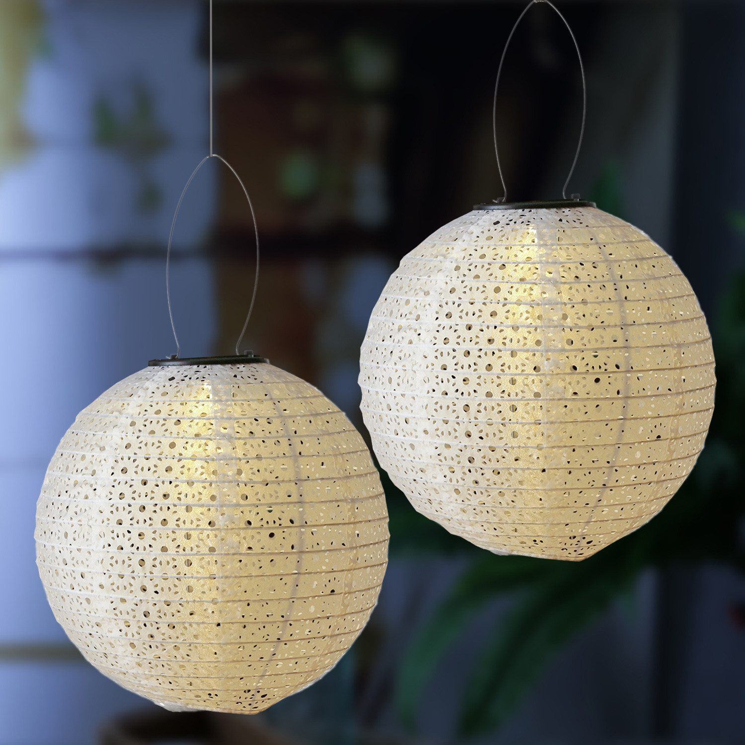 MARELIDA LED Lampion Solar Gartenlampion mit Blumenmuster weiß D:25cm Party Balkon 2er Set, LED Classic, warmweiß (2100K bis 3000K)