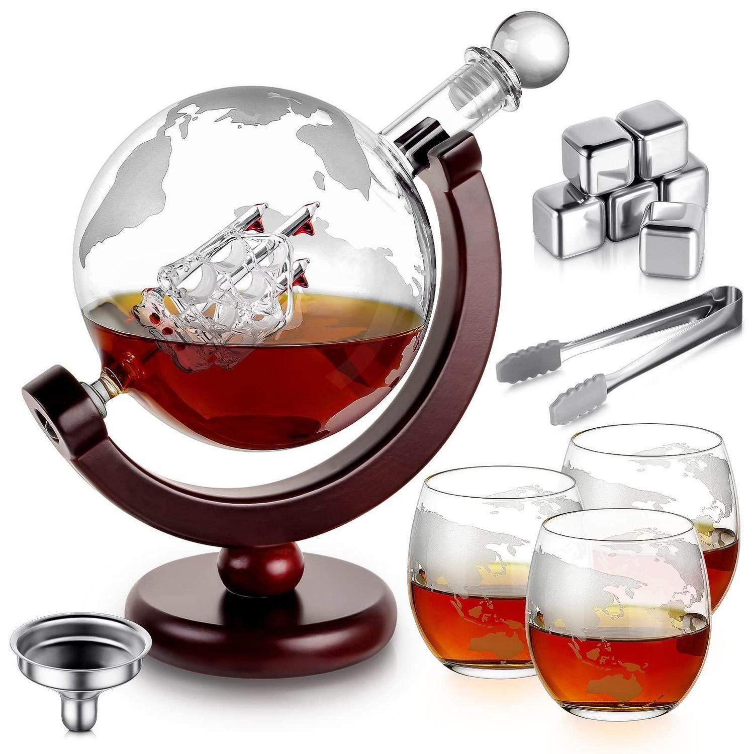 LuxusKollektion Karaffe Whisky-Karaffe Globus Geschenkset 900ml mit Gläsern & Steinen