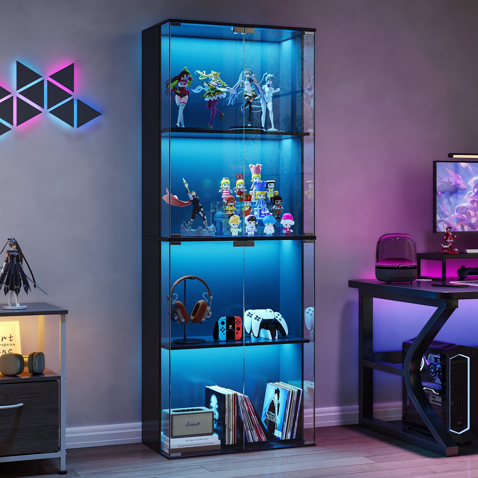 SVEYLXA Vitrine Moderne Vitrine mit LED Beleuchtung, 160 cm Hochschrank mit Glastüren (1-St) 4 Ebenen, Schwarz/Weiß – Bild 2 von 5