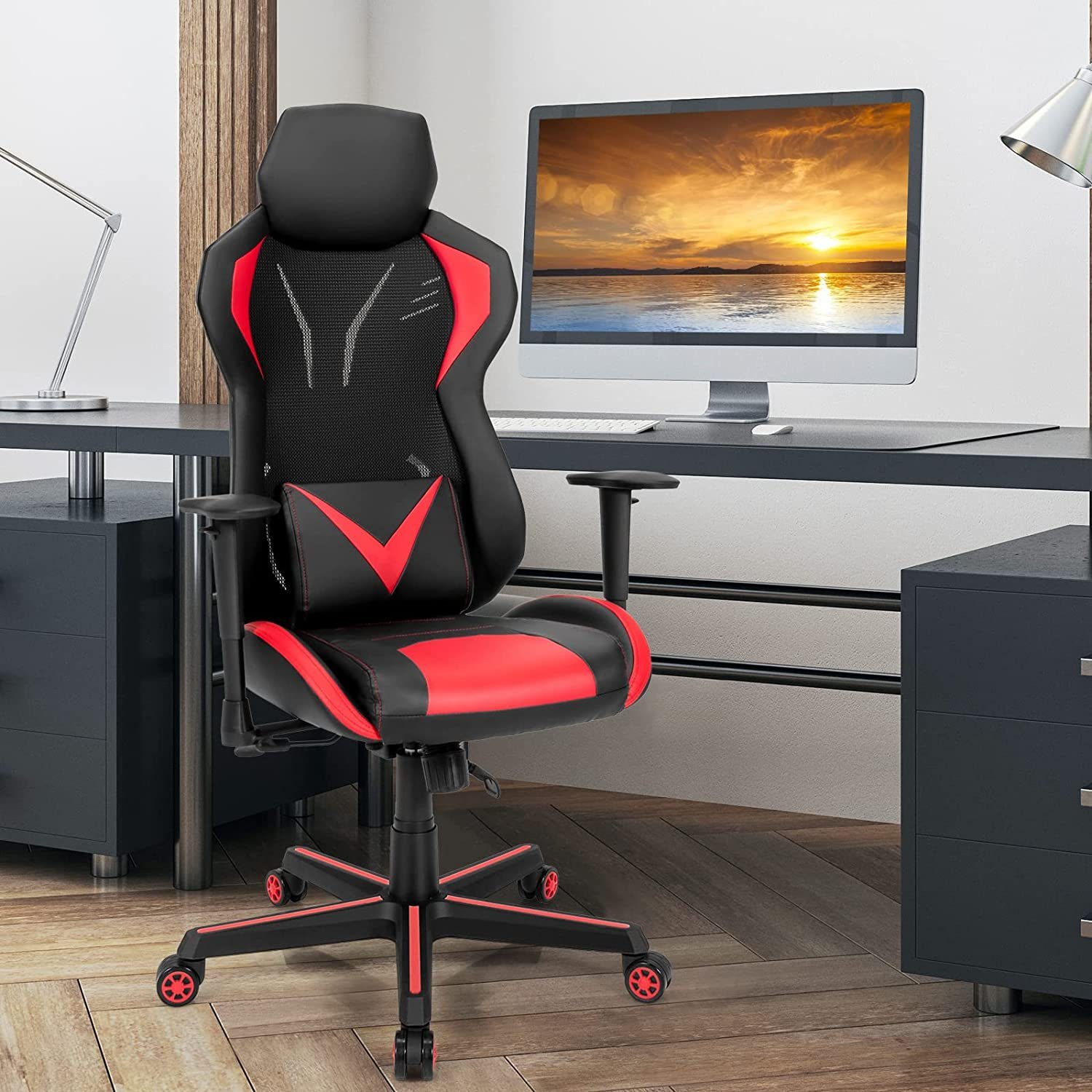 COSTWAY Gaming-Stuhl, 123-133cm einstellbare Rot+Schwarz mit Kippfunktion, drehbar Höhe