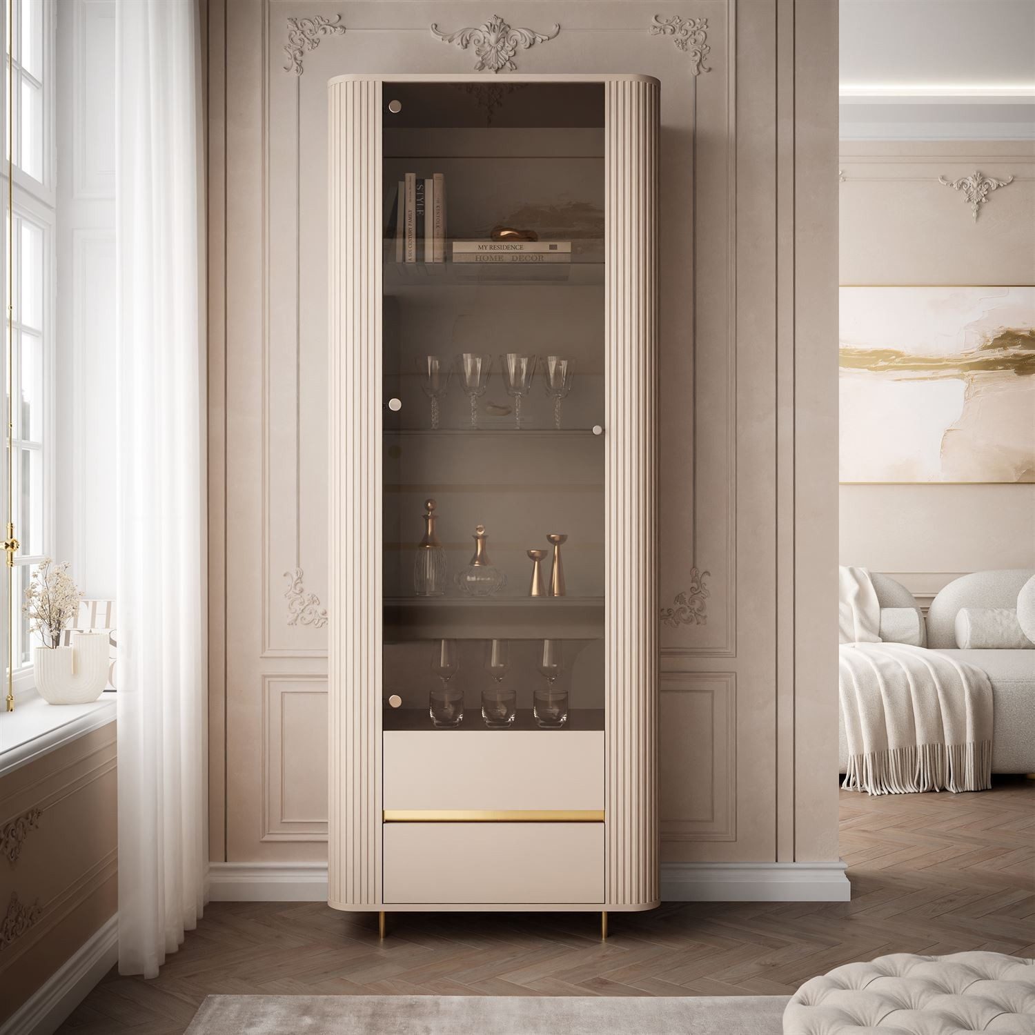 ALLHOUSE24 Vitrine MIRACLE Sandbeige, Glasvitrine, Rillenstruktur, Metallfüße (1x Vitrine) Breite 76 cm