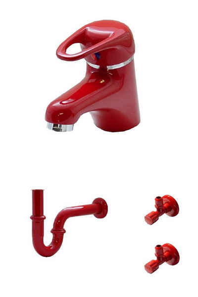 WAGNER® Waschtischarmatur Waschtisch Bad Wasserhahn Armatur Siphon 2 Eckventile Rot