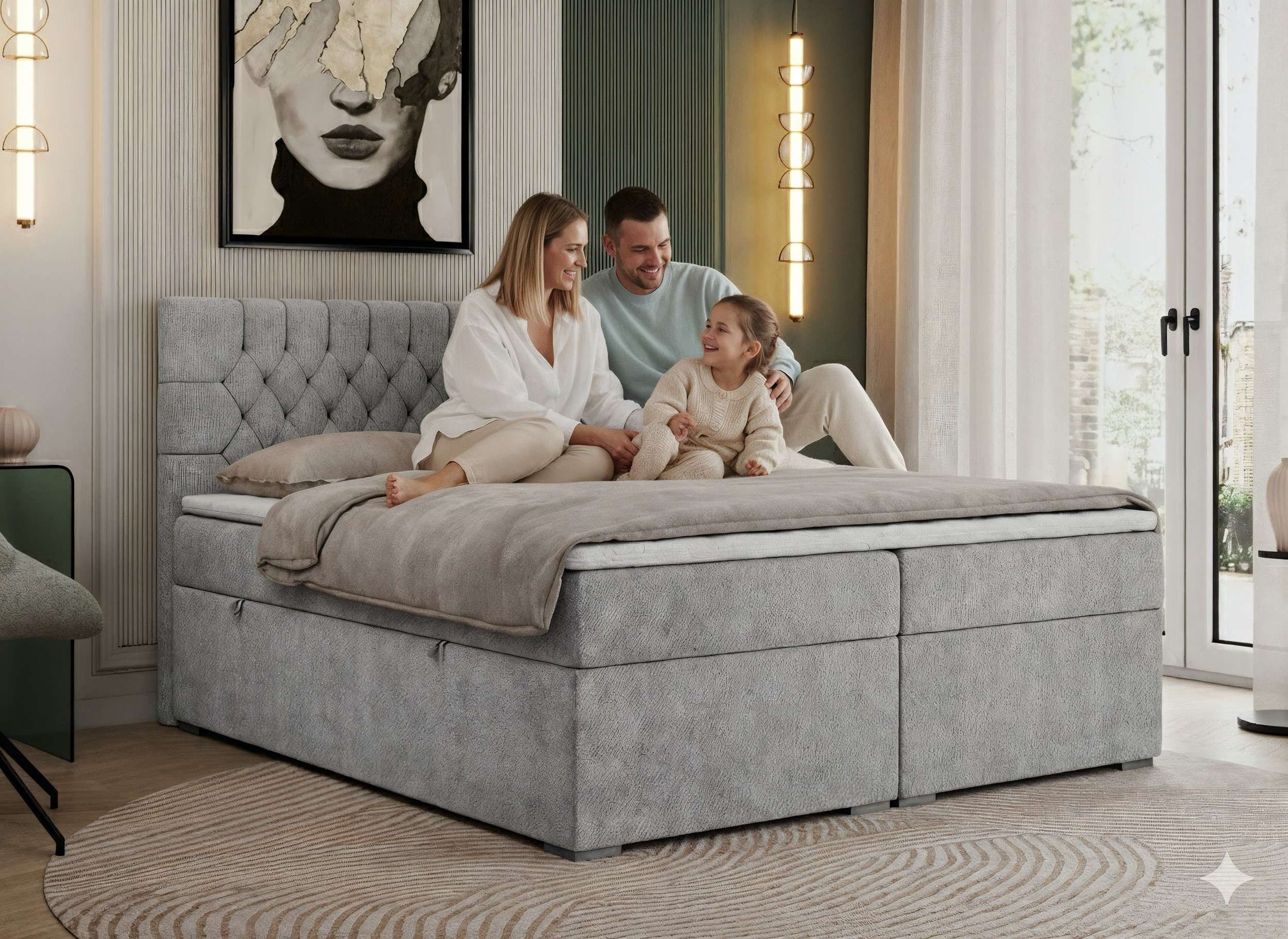 MKS MÖBEL Boxspringbett PERA (Set, Packung, H3-Matratze, Topper T25/Visco, T30-Schaum, gesteppte Kopfstütze), Doppelbett mit Multipocket-Matratzen, Polsterbett mit Kopfstütze