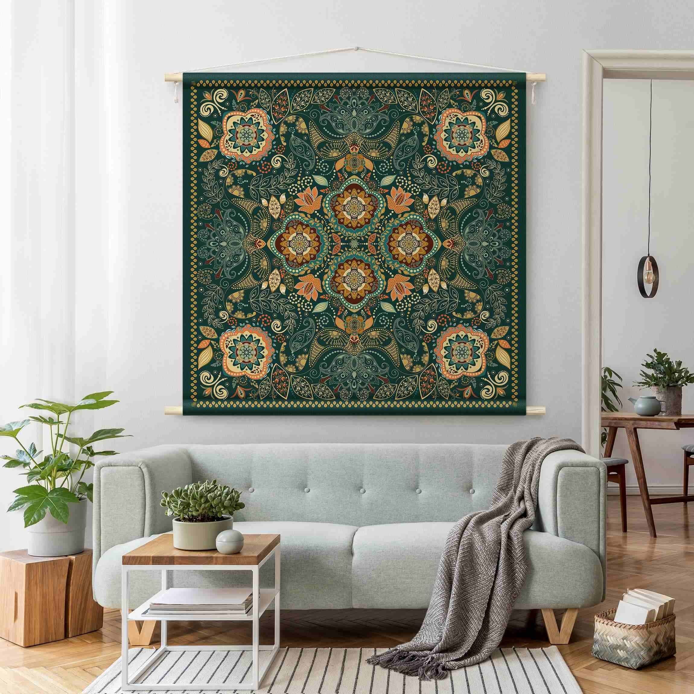 Bilderdepot24 Wandteppich modern Boho Muster Paisley Orientalisch Spirituell grün, quadratisch, Höhe: 2.6 mm, großes Wandbild aus Natur-Baumwolle Wandbehang Stoffbild Tuch Wollseil