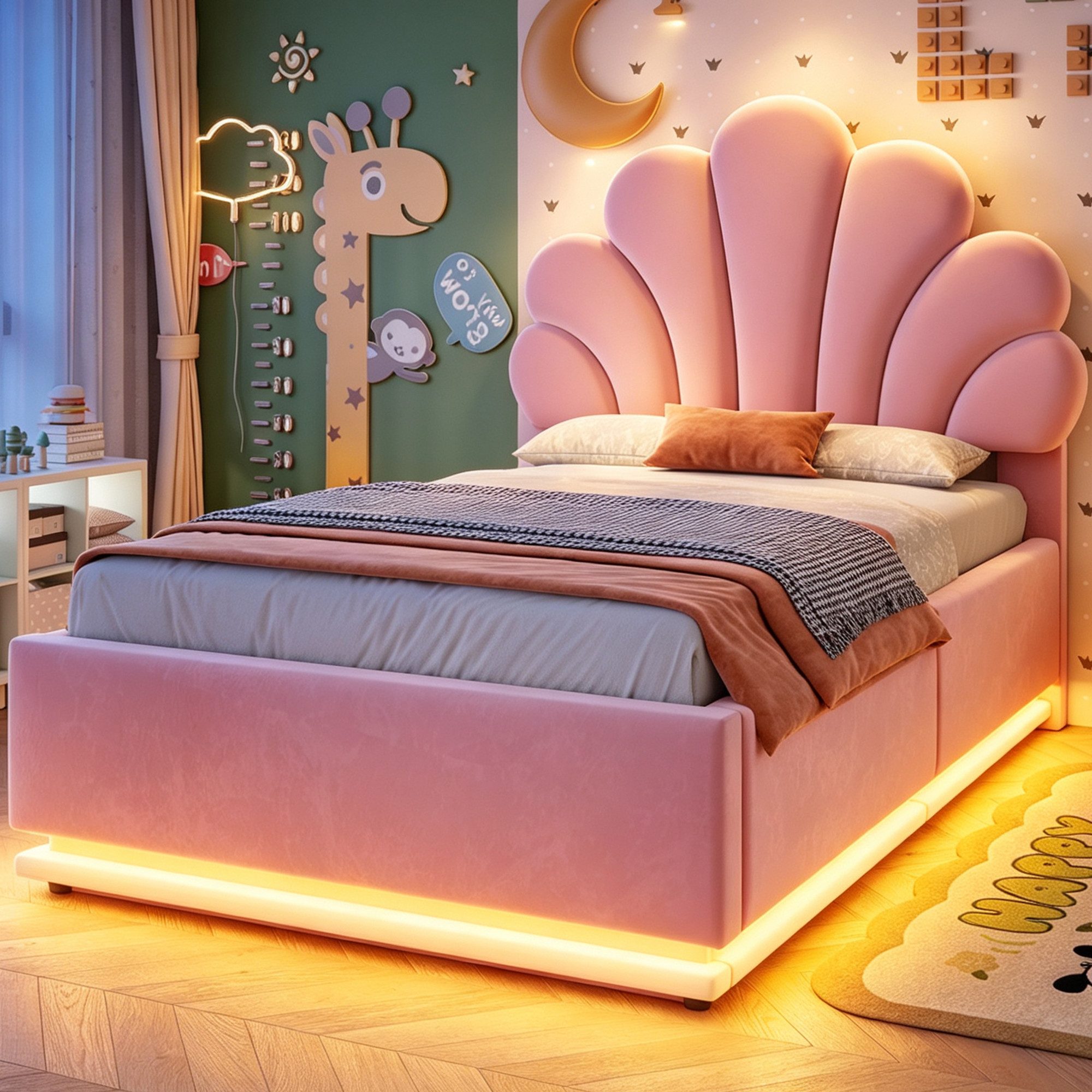Merax Polsterbett 90x200cm mit LED-Beleuchtung & Blütenkopfteil (1-tlg), Kinderbett mit hydraulischem Stauraum & Metallrahmen, Samt Jugendbett – Bild 2 von 5