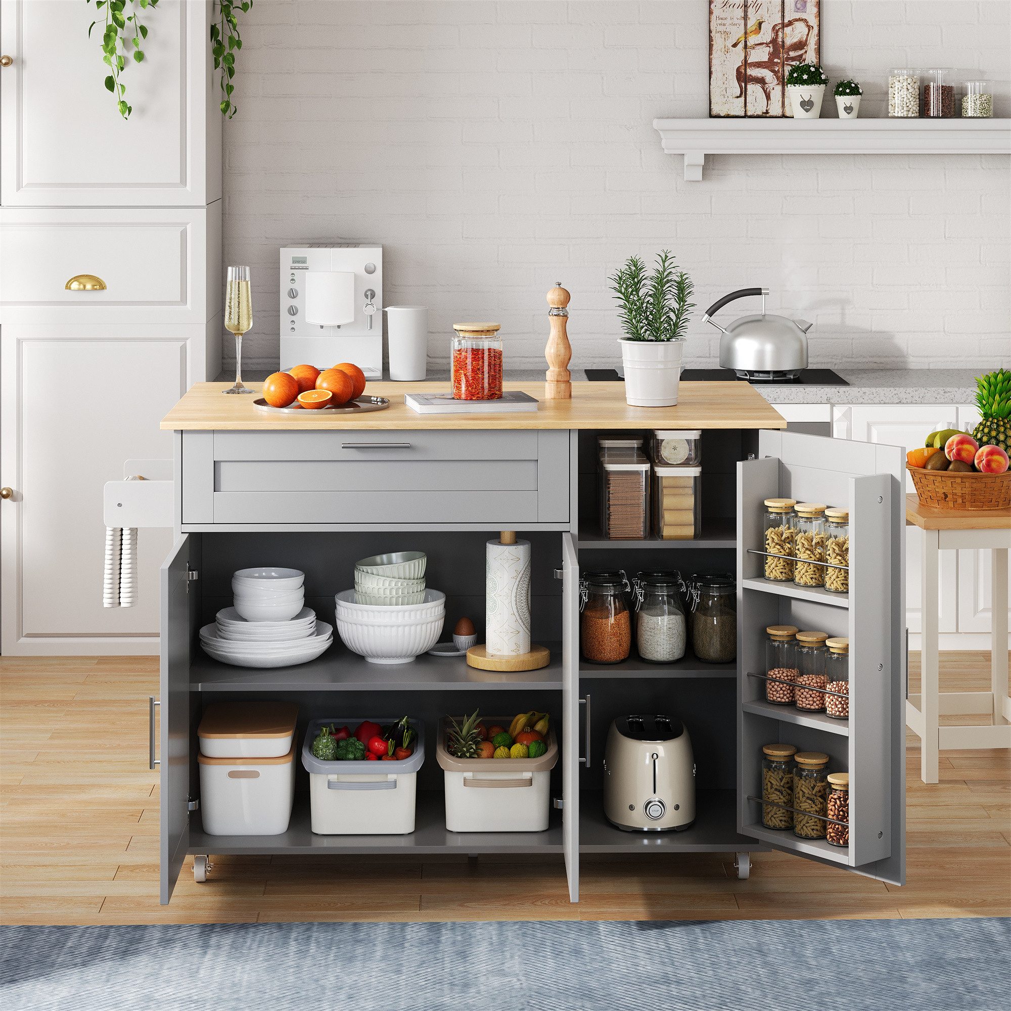 Ulife Küchentisch mit Arbeitsplatte klappbar, Eiche Maserung, multifunktionaler Schrank, (1-St), Gewürzregal, Handtuchhalter, 5 Rollen, geeignet für Küche/Essen/Haus