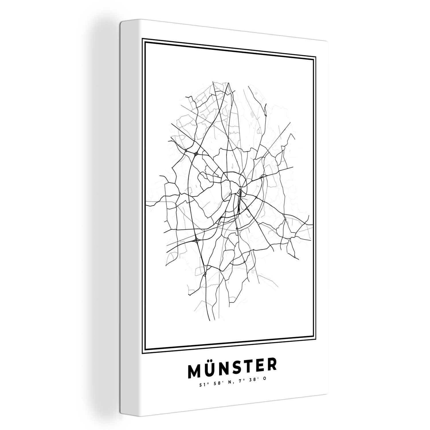 OneMillionCanvasses® Leinwandbild Karte St), inkl. 20x30 Stadtplan, bespannt Zackenaufhänger, - - Leinwandbild Münster cm (1 fertig - Schwarz-Weiß Gemälde