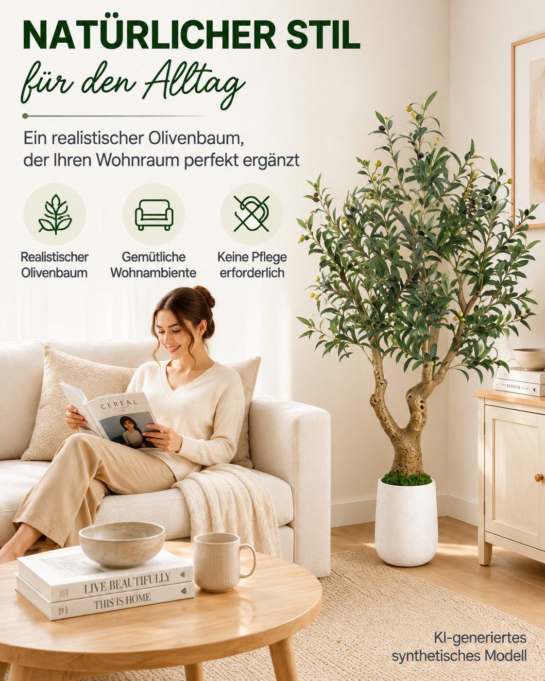 Yorbay Olivenbaum Künstlicher Olivenbaum mit dicker Stamm, Pflanztopf, 1738 Blätter, 73 Oliven, mit grüner Moosdekoration, Höhe 180cm – Bild 2 von 5