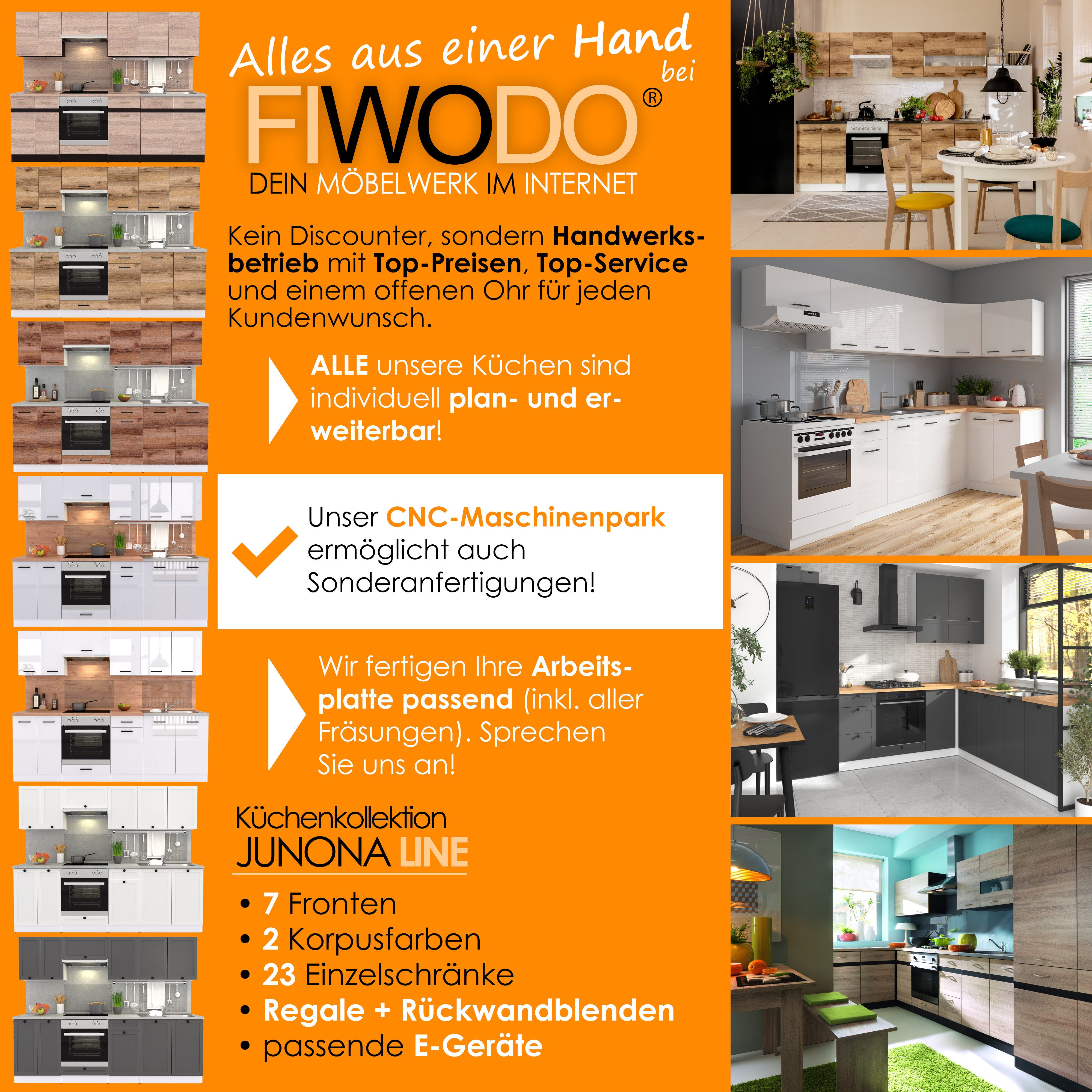 FIWODO.de - Votre magasin de meubles en ligne : Cuisine, kitchenette 240 cm avec électroménager, évier et plan de travail (ensemble), largeur 240 cm, avec évier, avec plan de travail