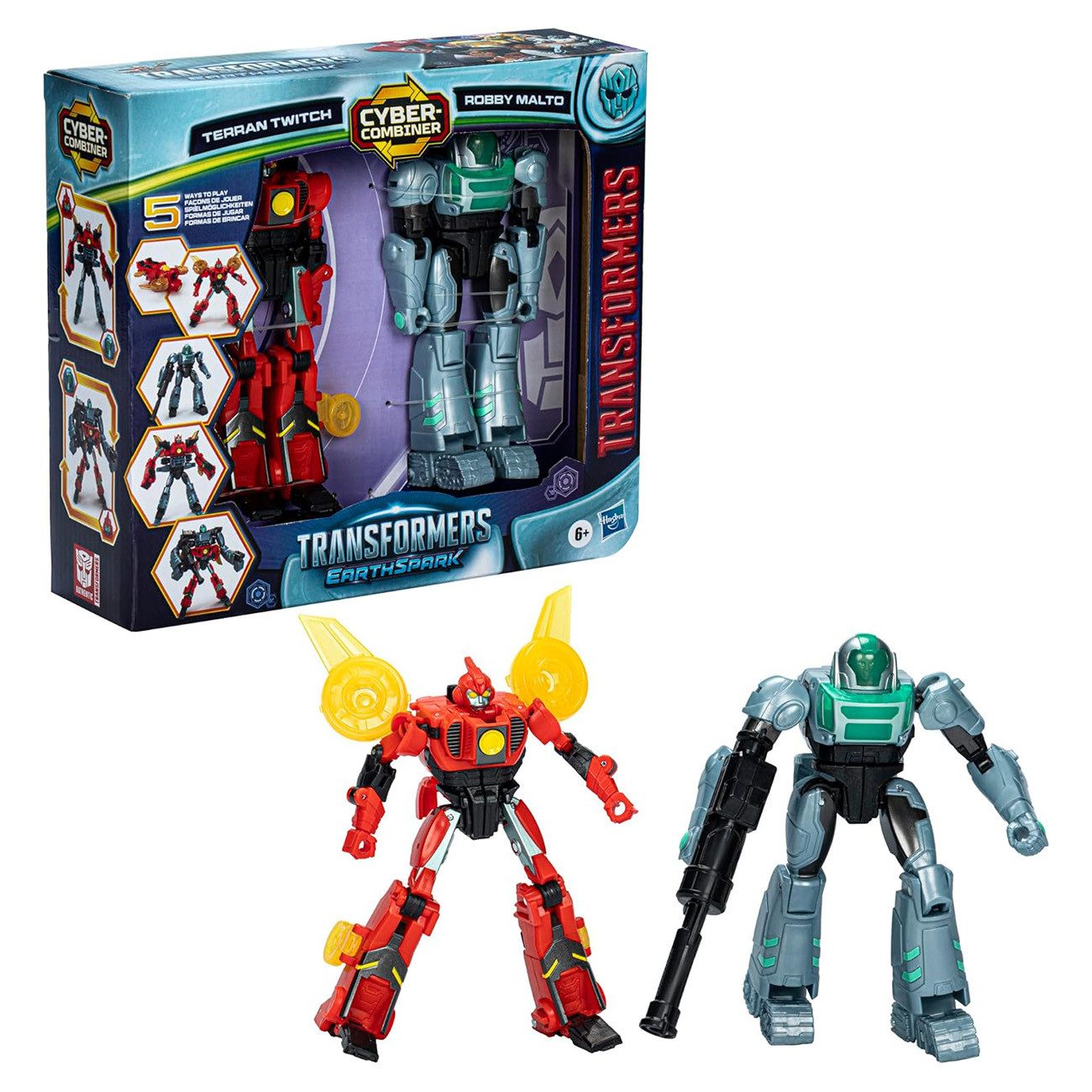 Hasbro Actionfigur Transformers EarthSpark Cyber-Combiner Terran Twitch und Robby Malto, Action-Figuren, Set aus 2 Figurgen, 2 Konfigurationen, Sammlerstücke