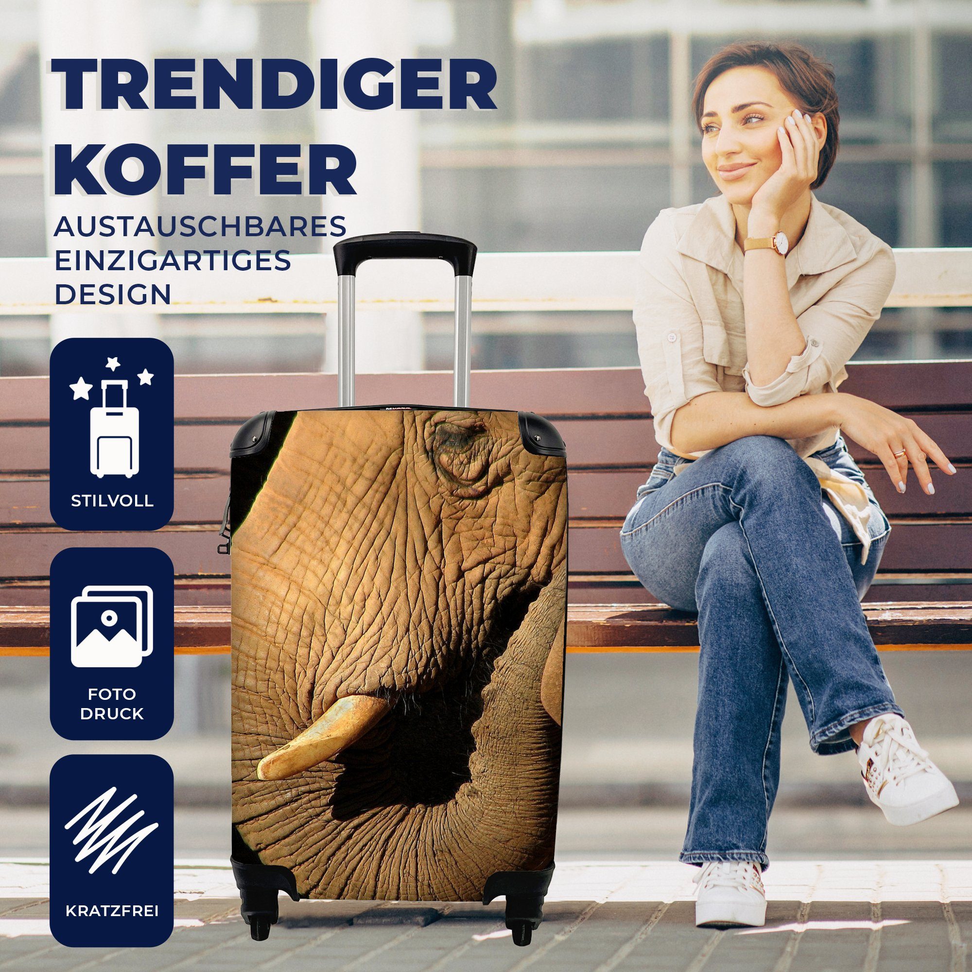 Handgepäckkoffer Handgepäck für Reisetasche Trolley, Elefant Tiere - 4 mit Ferien, rollen, Reisekoffer Nahaufnahme Schwarz, MuchoWow - - Rollen,
