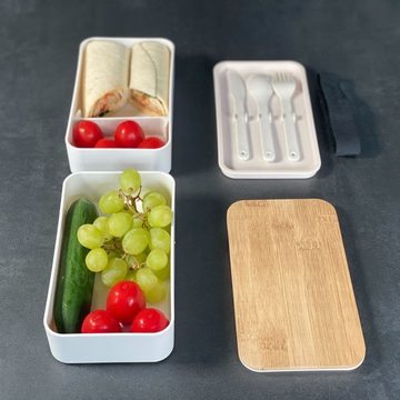 Intirilife Lunchbox, Bambus, Lunch Box Bento Box mit 3 Fächern und Besteck Brotdose