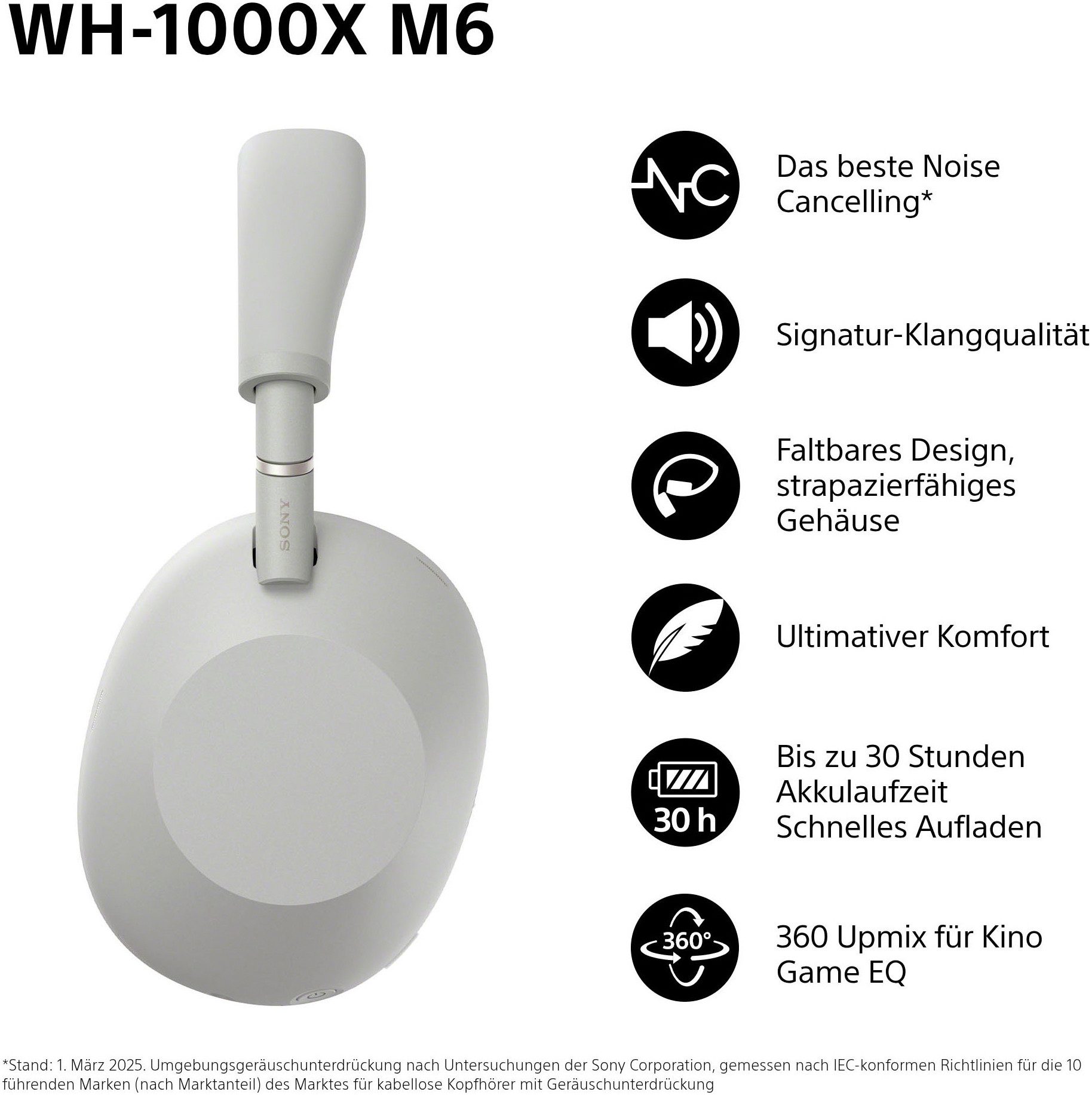Sony WH-1000XM6 Premium Noise Cancelling Wireless Over-Ear-Kopfhörer (Freisprechfunktion, Multi-Point-Verbindung, Noise-Cancelling, Transparenzmodus, Wireless-Audio-Streaming, integrierte Steuerung für Anrufe und Musik, A2DP Bluetooth, Bluetooth, HFP, HSP, AVRCP Bluetooth, Kabellose Over Ear Kopfhörer mit Sony’s bestem Noise Cancelling)