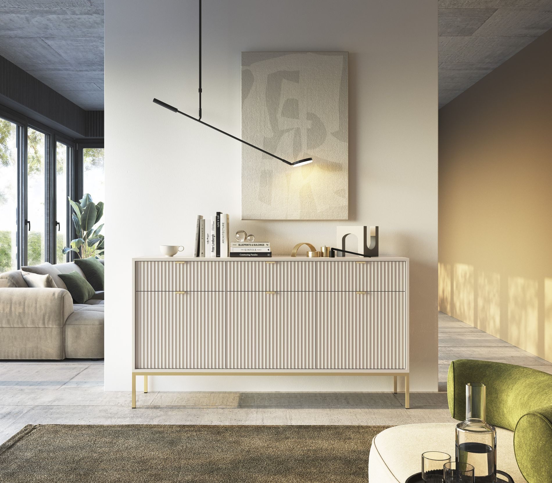 Selsey Sideboard VELLORE, 3-türig mit geriffelten Fronten und goldenem Gest günstig online kaufen